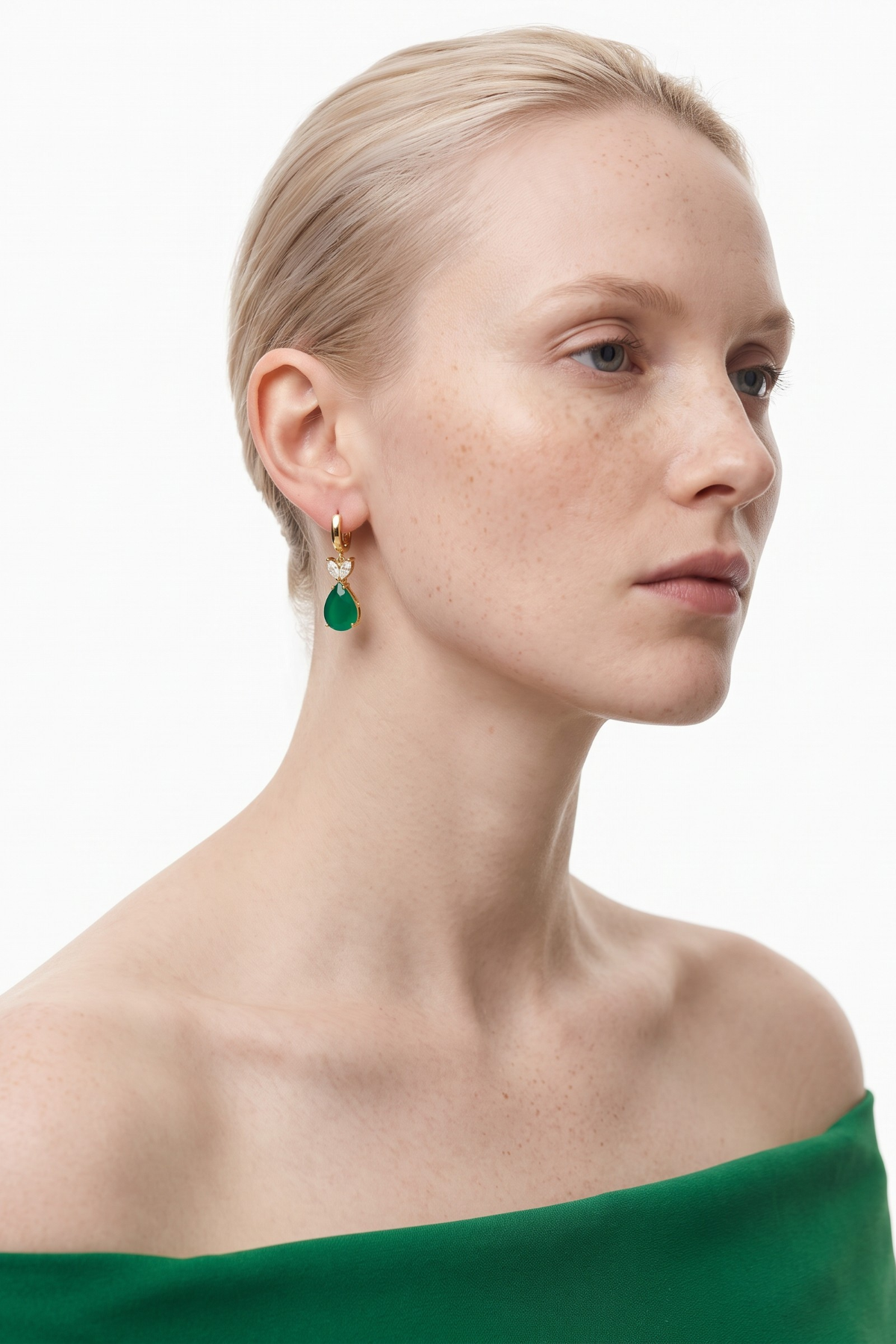 Drop Emerald and Zircon Stone Earrings 14 Carat