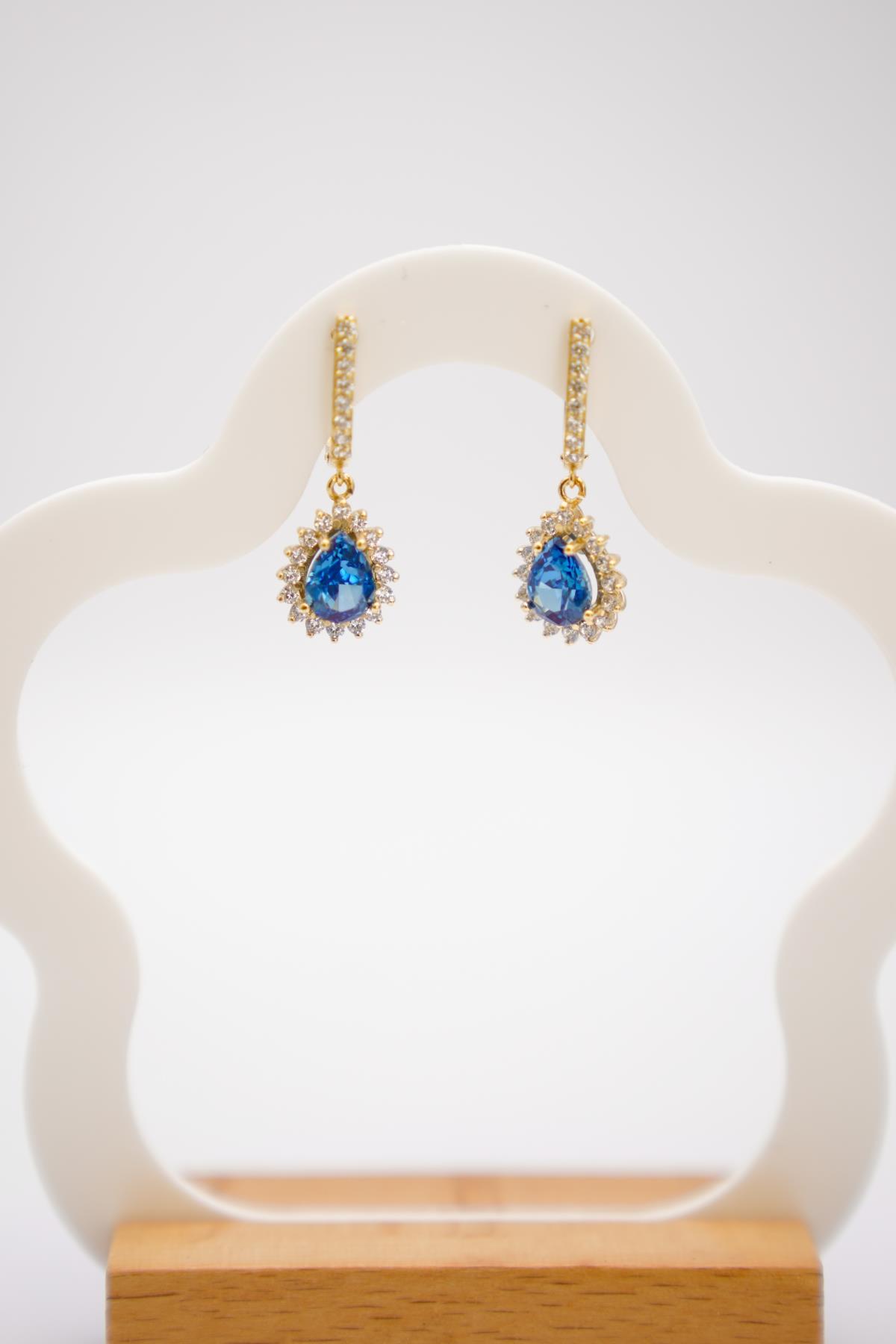 Damla Kesim Mavi Taşlı 14 Ayar Altın Küpe | Işıltılı Zarif Model