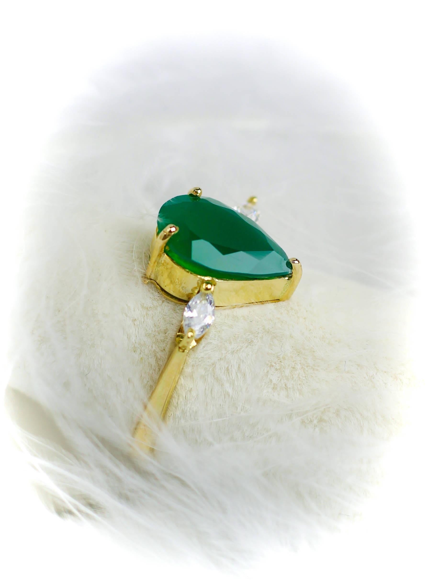 Drop Emerald and Zircon Stone Ring 14 Carat