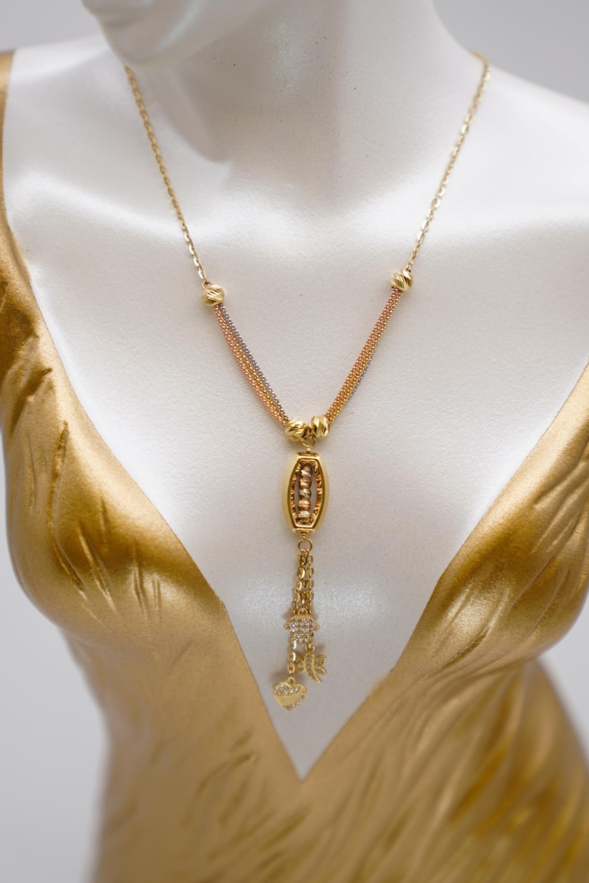 Dorika Detaylı 14 Ayar Altın Kolye – Üç Renkli Zincirli, Sallantılı ve Işıltılı Tasarım