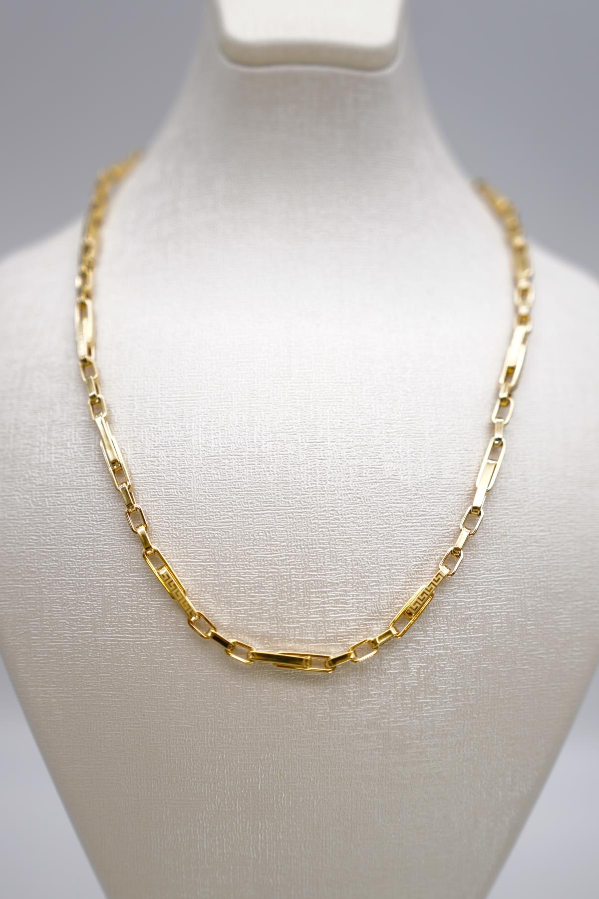 Geometrik Desenli Altın Zincir Kolye 14 Ayar Erkek Takı Şık Kalın Zincir Günlük ve Klasik Stil