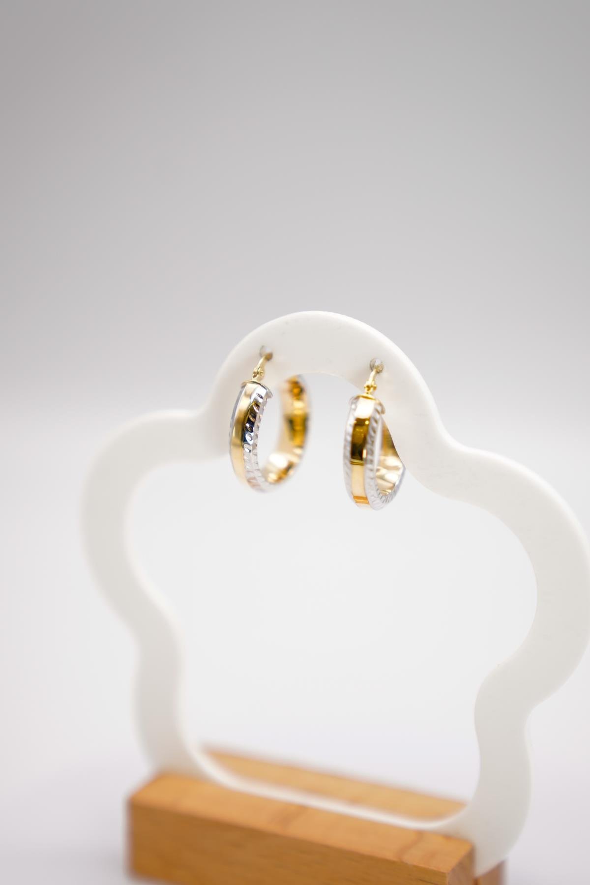 İki Renkli 14 Ayar Kalemli Altın Halka Küpe – Orta Boy Parlak Yüzeyli Kadın Takı Modeli