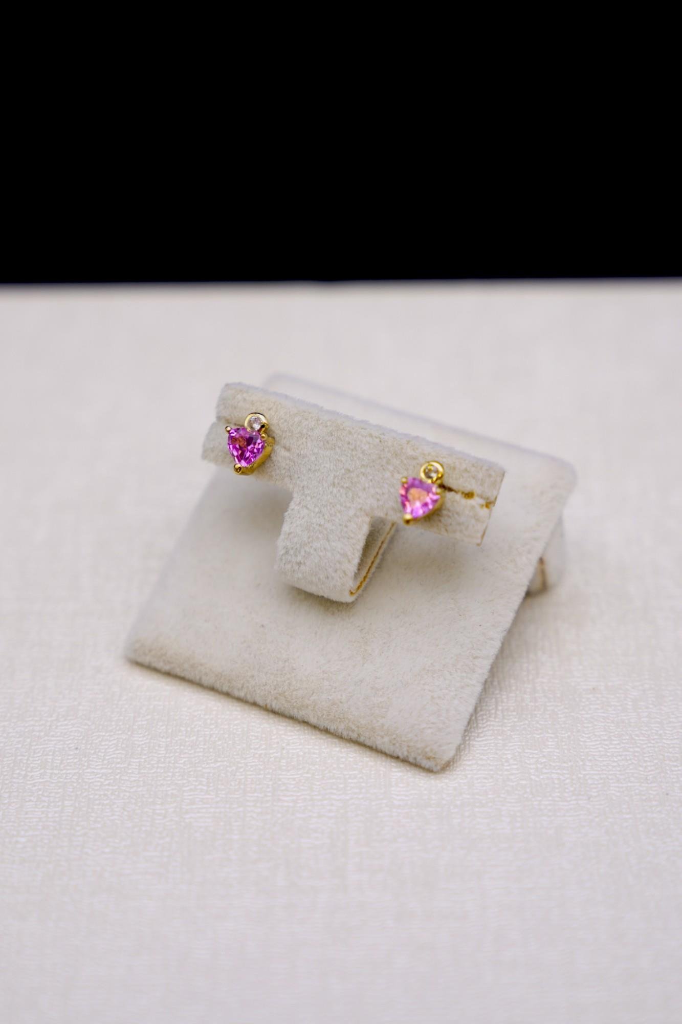 Kalp Figürlü Pembe Kuarts Taşlı Küpe 14 Ayar