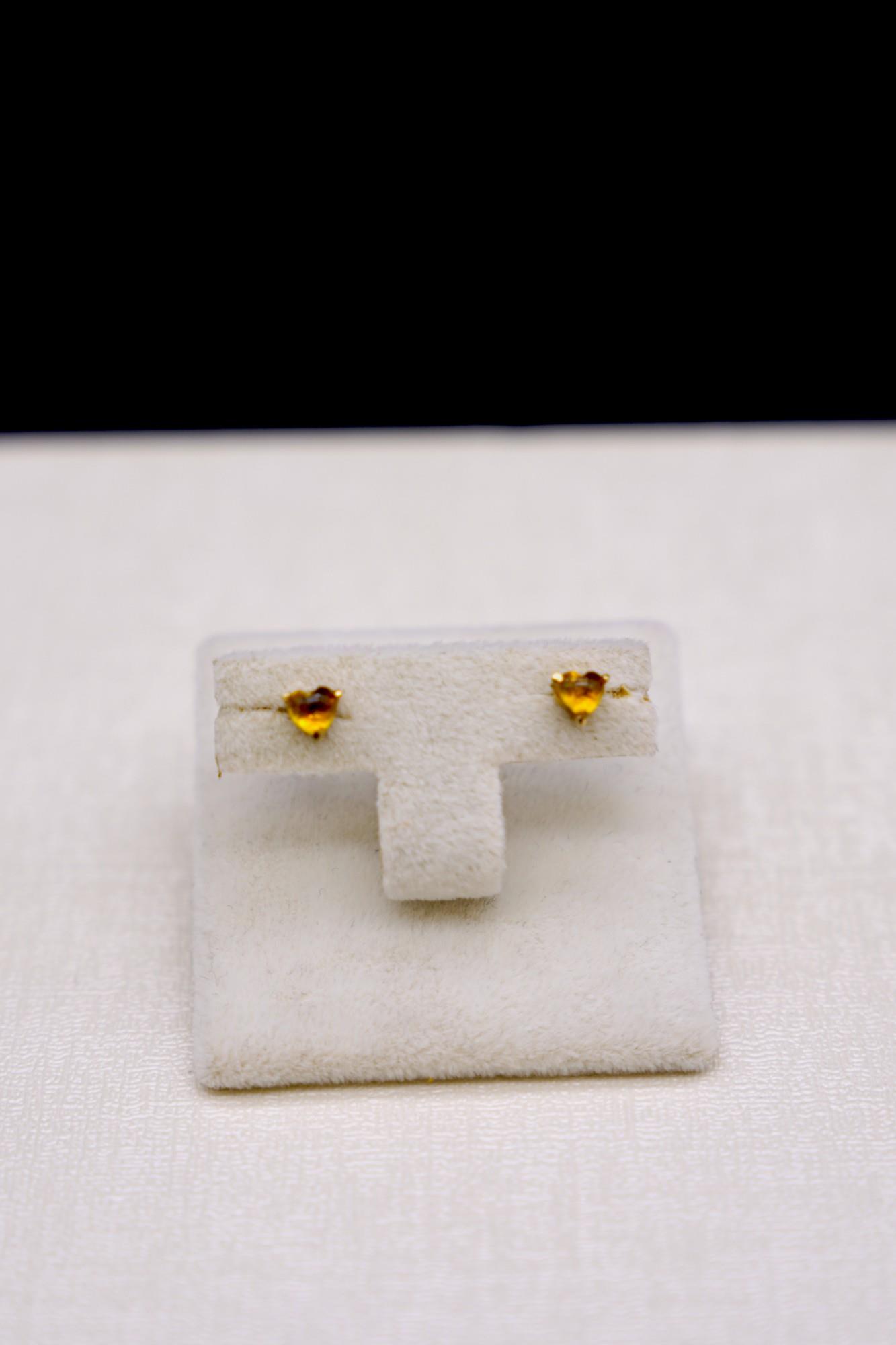 Kalp Figürlü Sitrin Taşlı  Küpe 14 Ayar