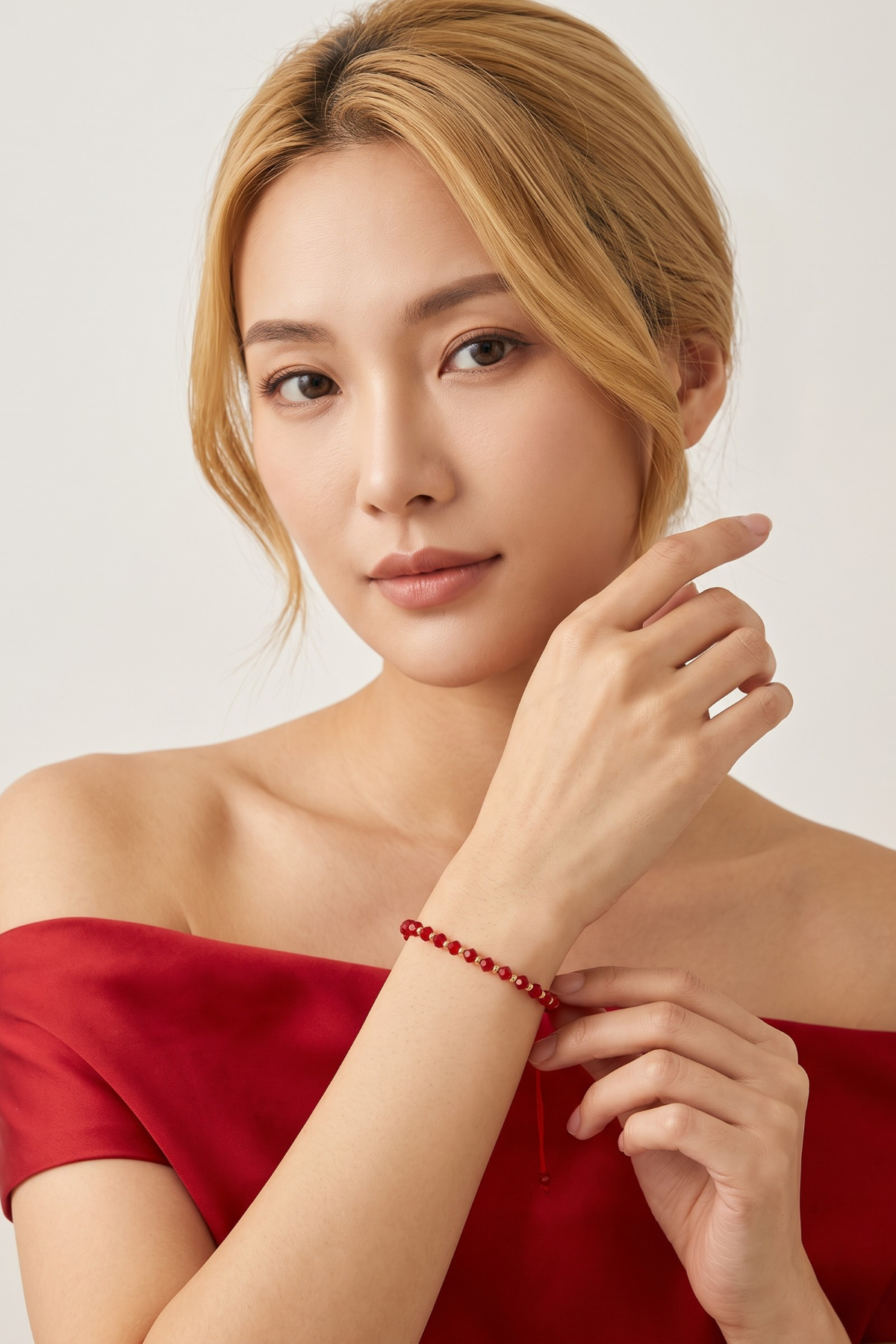 Sarı Altın Dorika Toplu Kırmızı Çok Yüzeyli Boncuklu Ayarlanabilir İp Bileklik