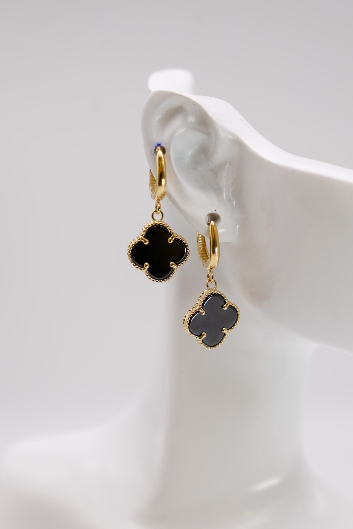 Siyah Taşlı Yonca Figürlü Sallantılı Küpe - 14 Ayar Altın, Büyük Boy Zarif Kadın Küpesi