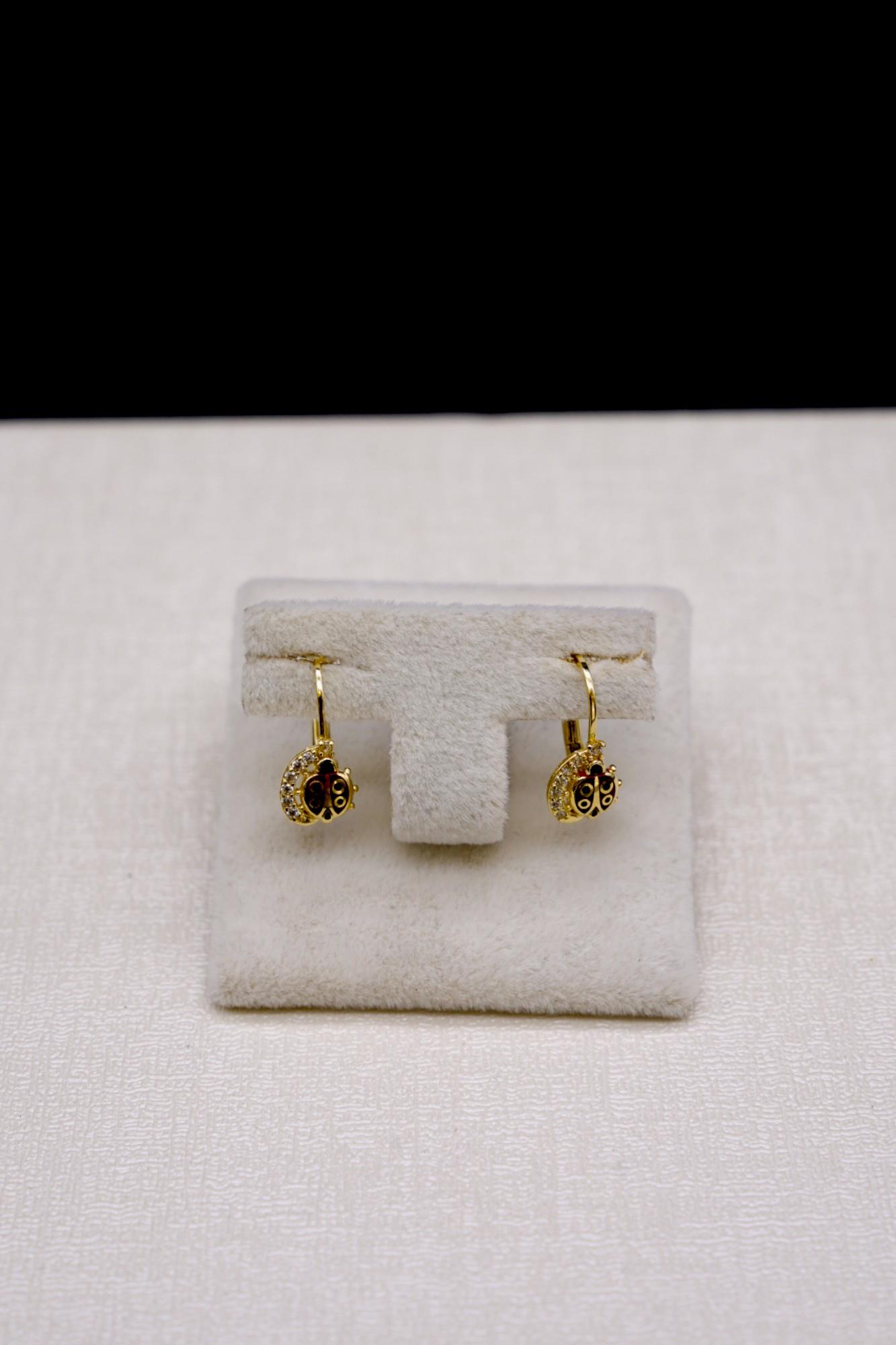 Zirkon Taşlı Uğur Böceği Küpe 14 Ayar