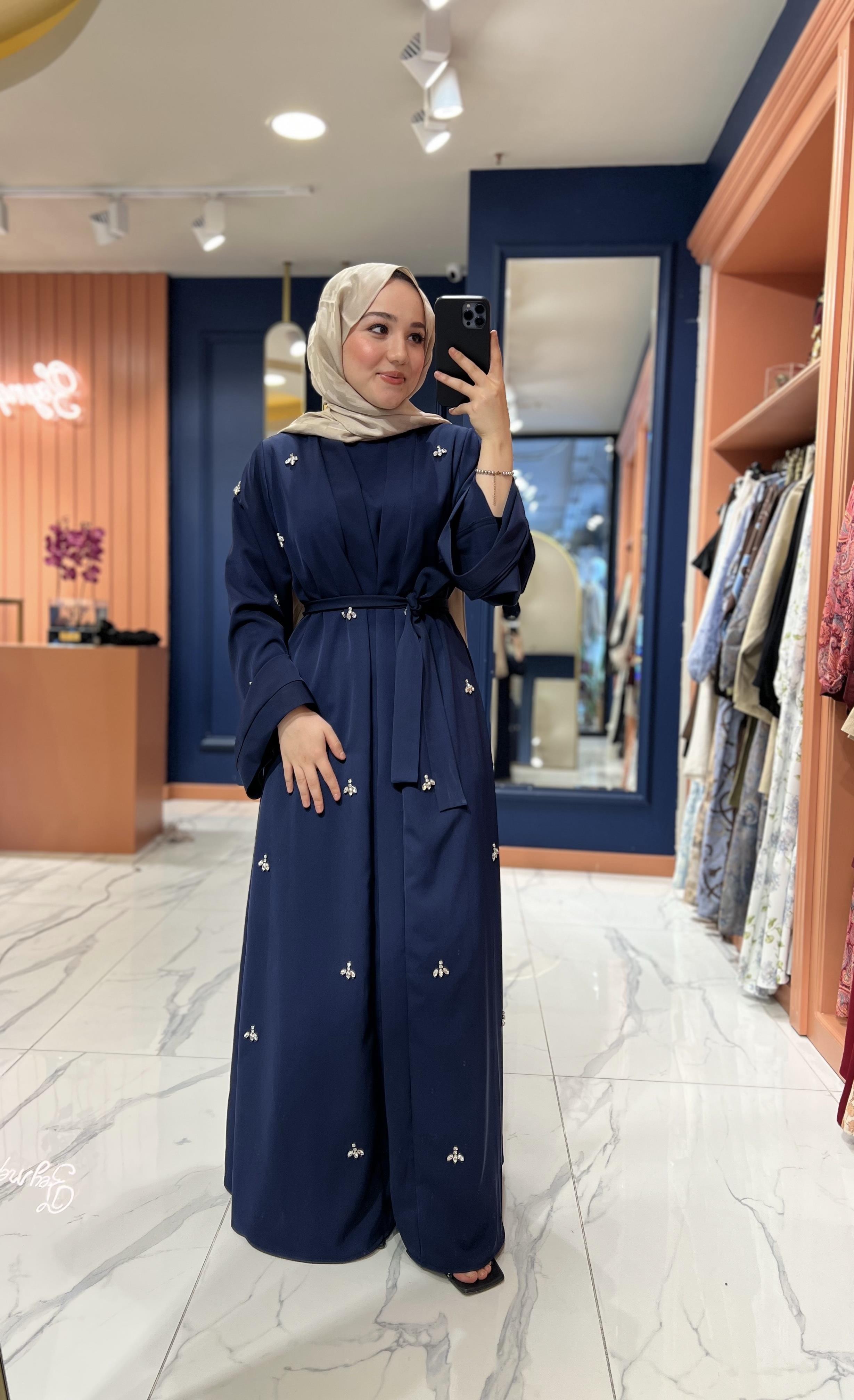 Tasarım Taşlı Abaya Lacivert