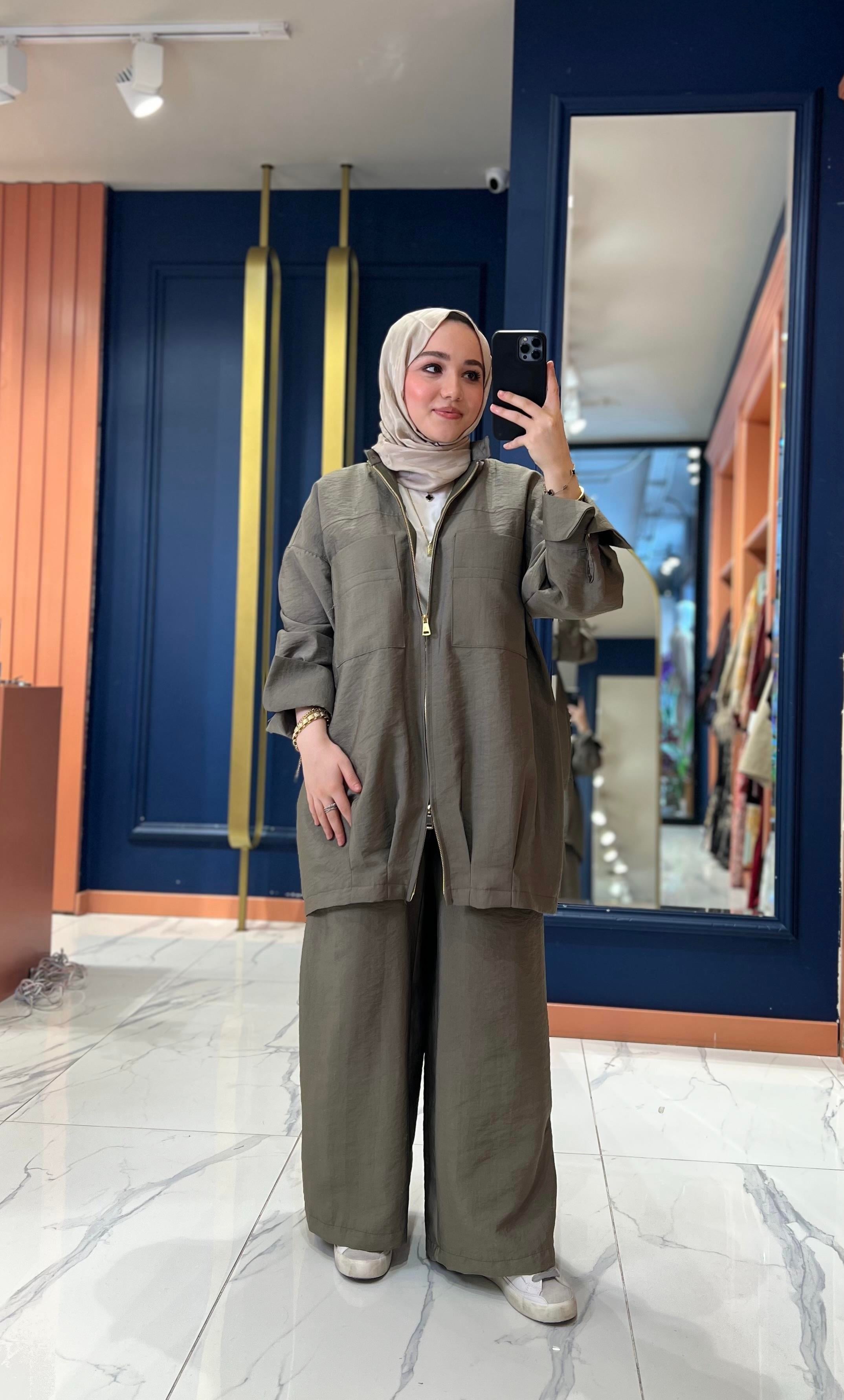 Fermuar Cep Detaylı Takım Olive