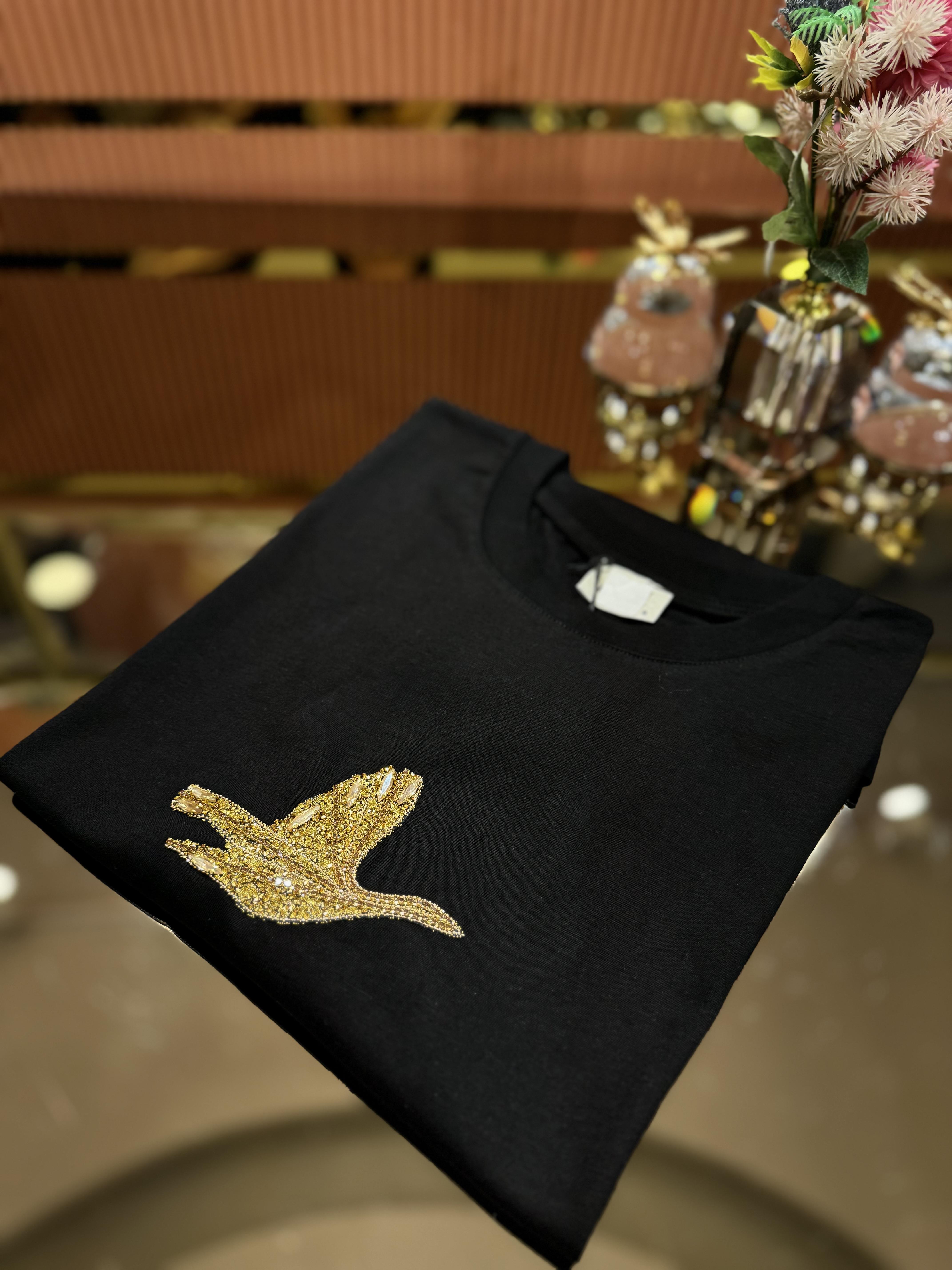 Gold Taşlı Kuşlu Tişört Siyah