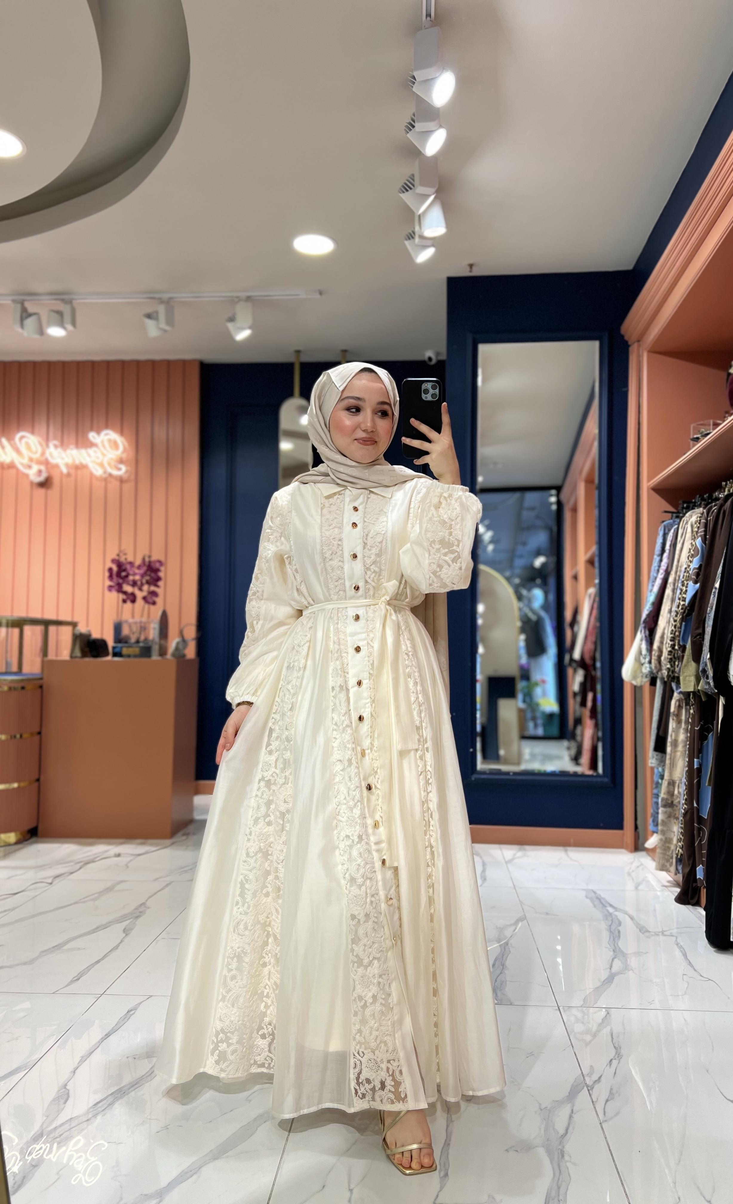 İthal Dantelli Elbise | Ekru 