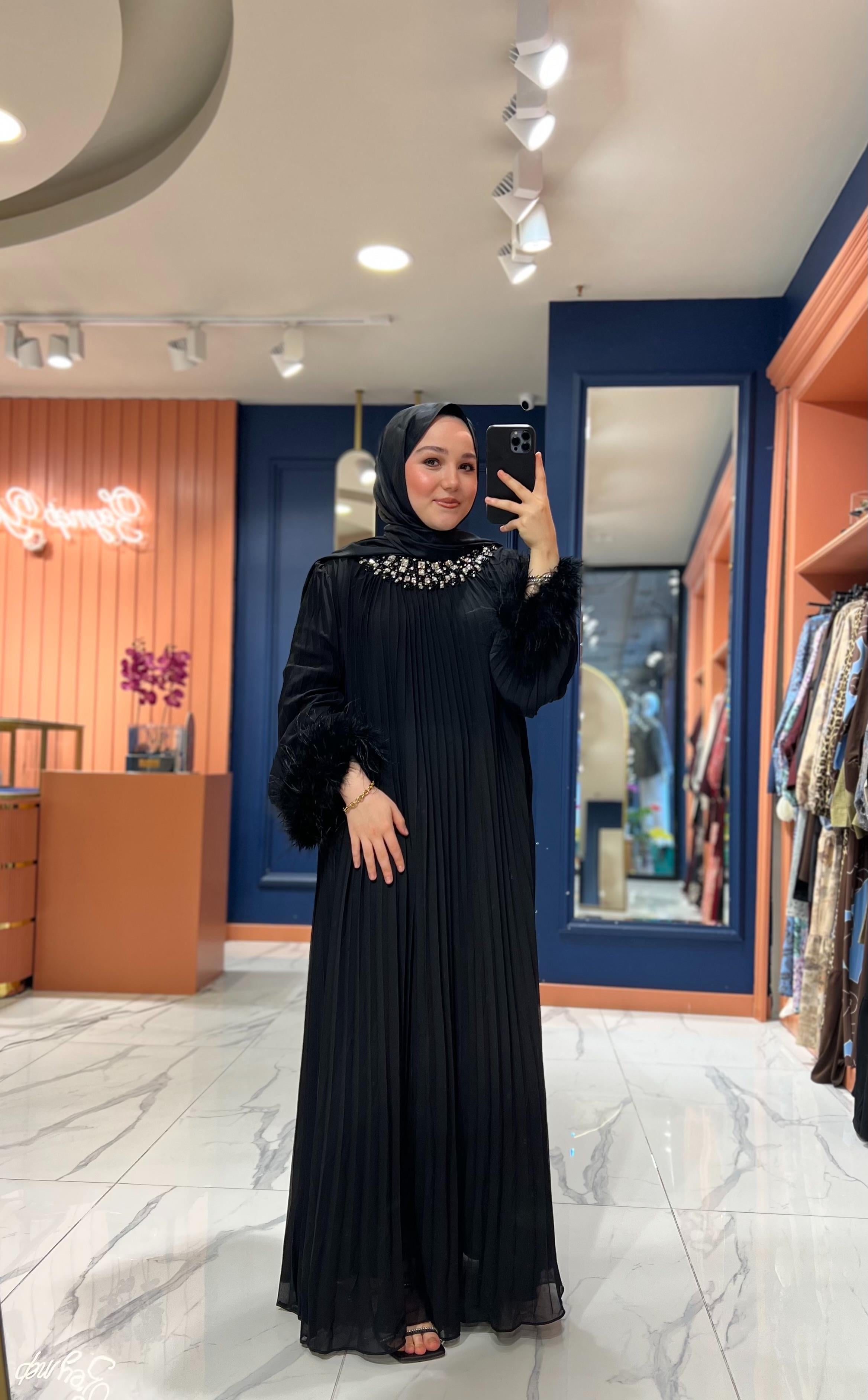 İthal Tüylü Taşlı Elbise | Siyah  