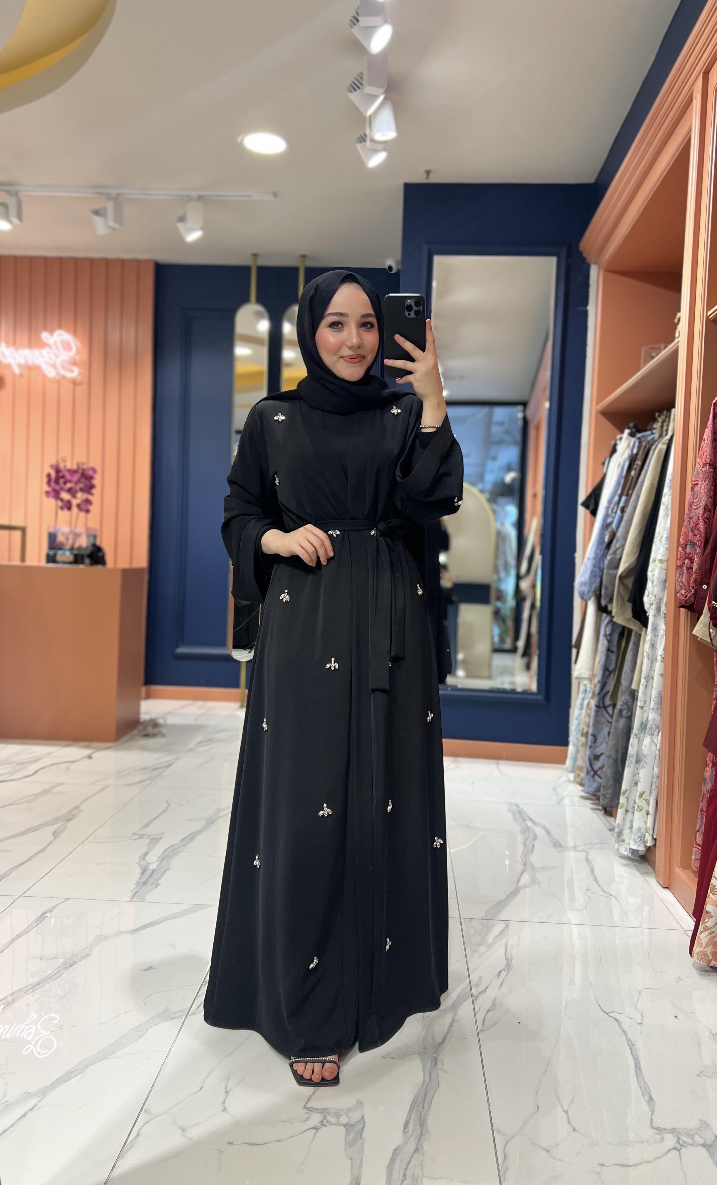 Tasarım Taşlı Abaya Siyah