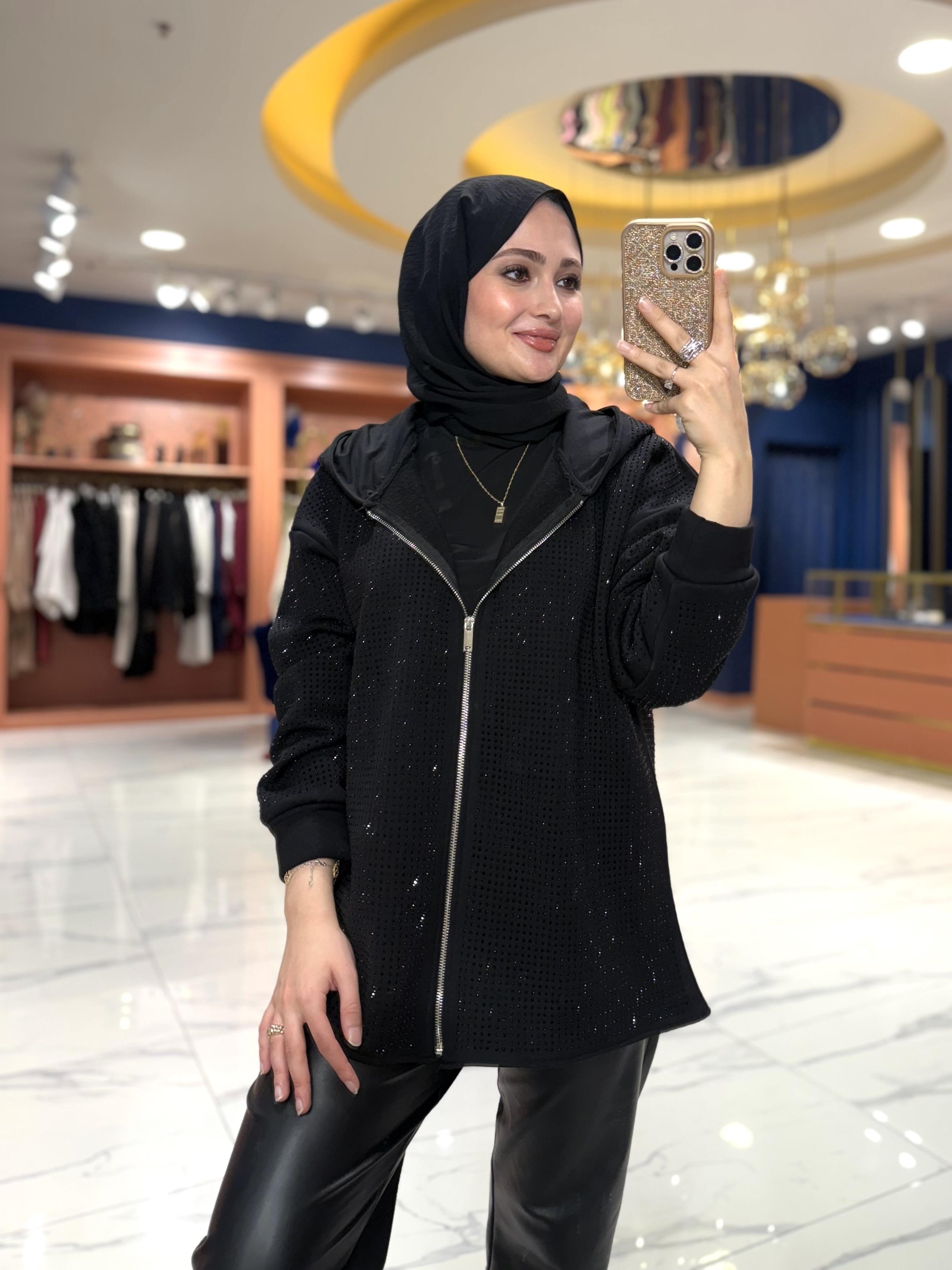 Taşlı Fermuarlı Hırka | Siyah 