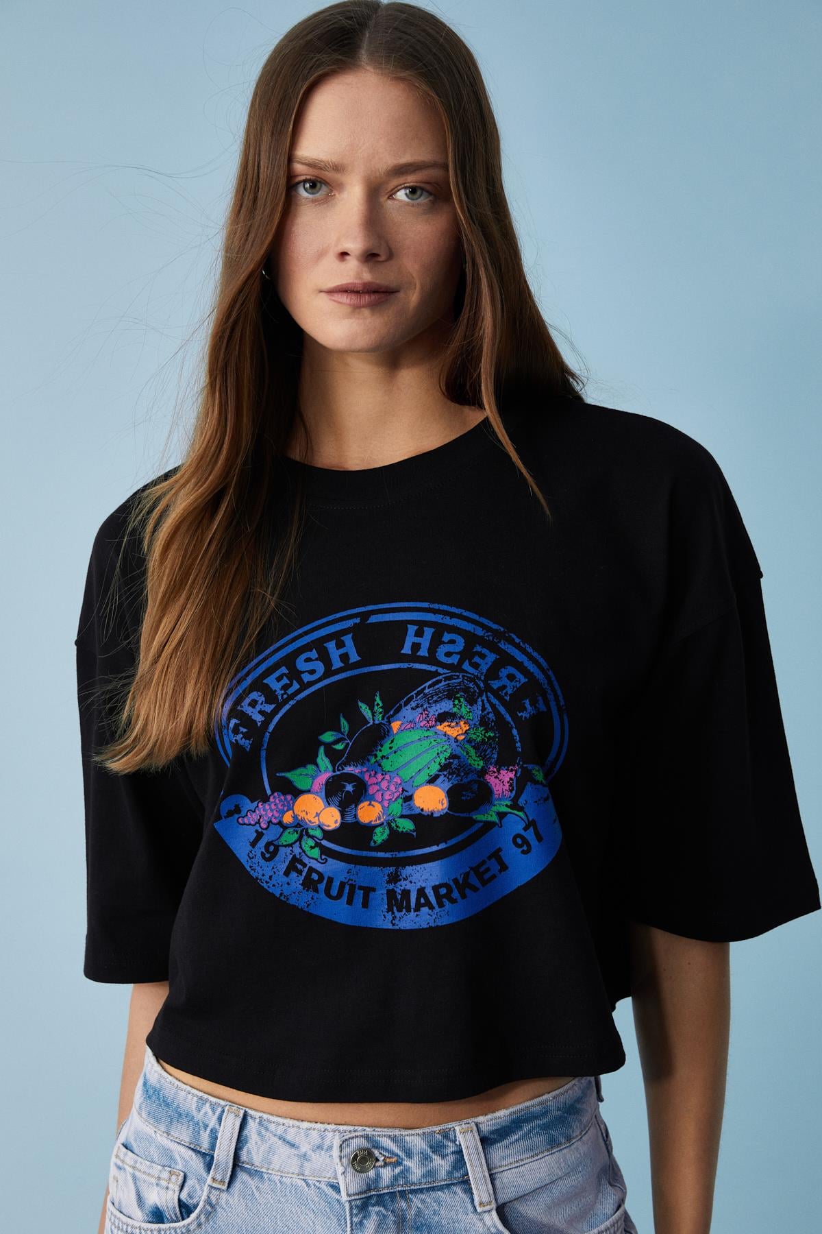 AHRI Kadın Relaxed Bisiklet Yaka Baskılı Siyah T-Shirt