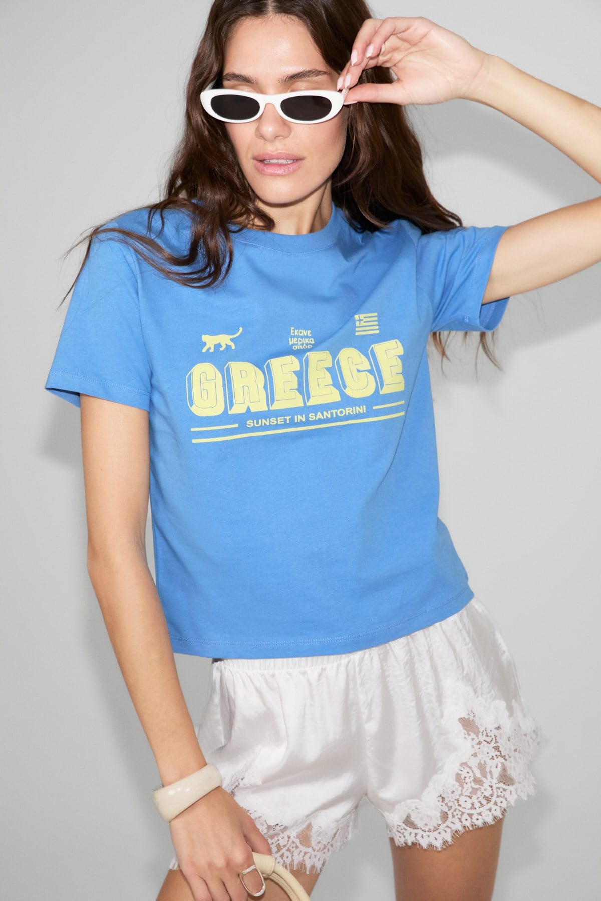 ALGHER Kadın Baskı Desenli Kısa Kollu Organik Pamuklu Bisiklet Yaka Crop Mavi T-Shirt