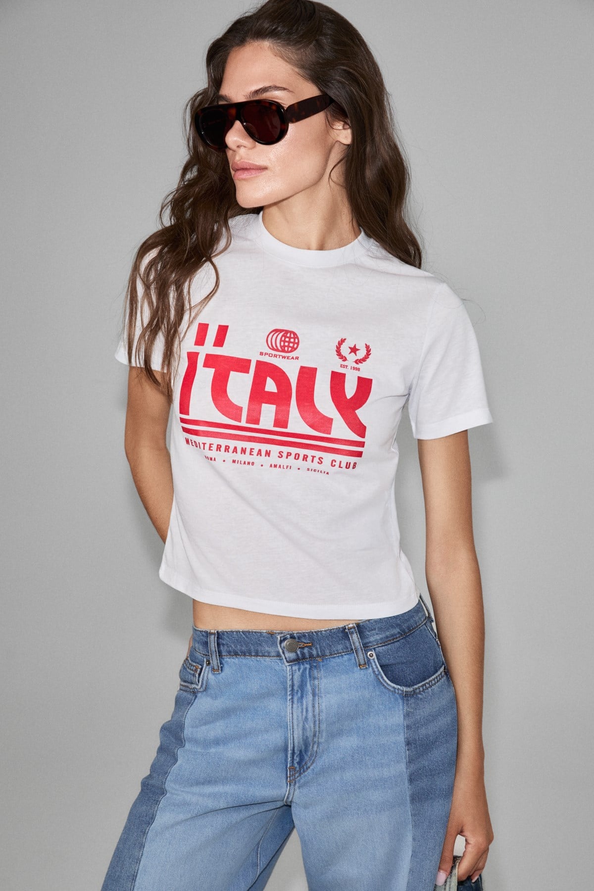 ALGHER Kadın Baskı Desenli Kısa Kollu Organik Pamuklu Bisiklet Yaka Crop Beyaz T-Shirt