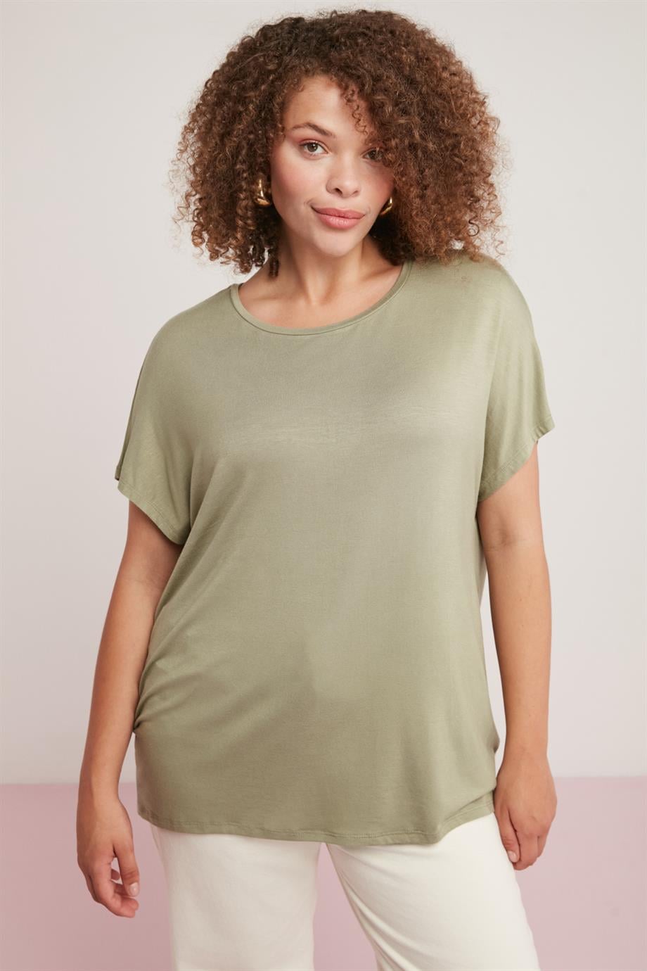 AMANDA Örme Relaxed Haki Tekli Büyük Beden T-shirt