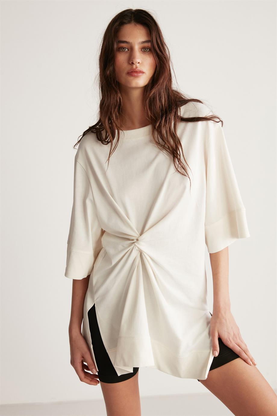 ANGELINA Örme Oversize Beyaz  T-Shirt