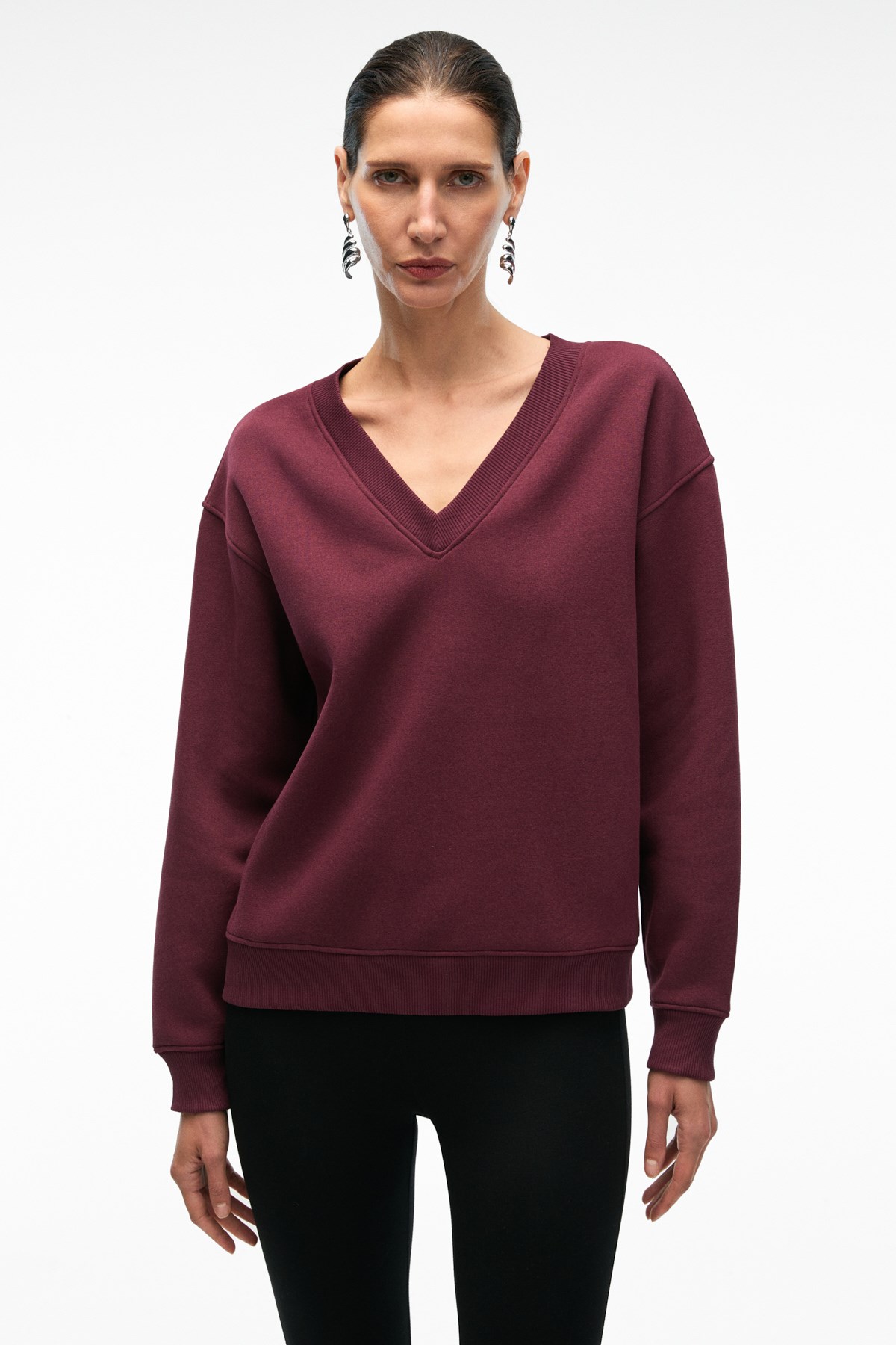 ARINEL Kadın V Yaka Regular Fit Bordo Sweatshirt