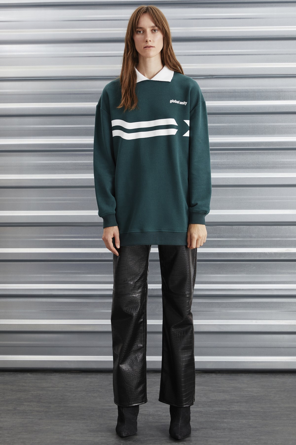 Arlene Kadın Içi Polarsız Polo Yaka Parça Baskı Detaylı Yeşil Sweatshirt