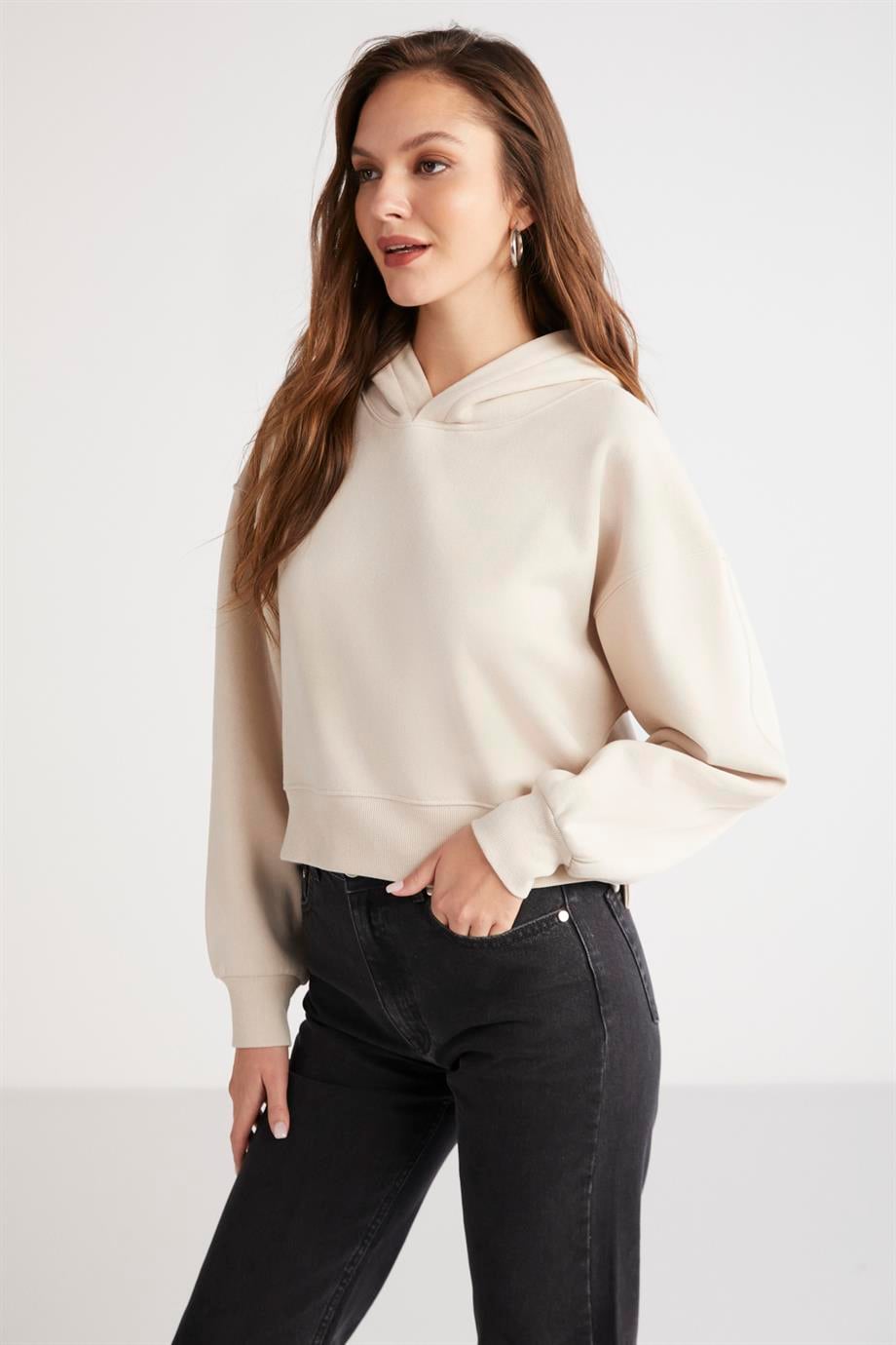AYLA Örme Loose Bej Tekli Sweatshirt