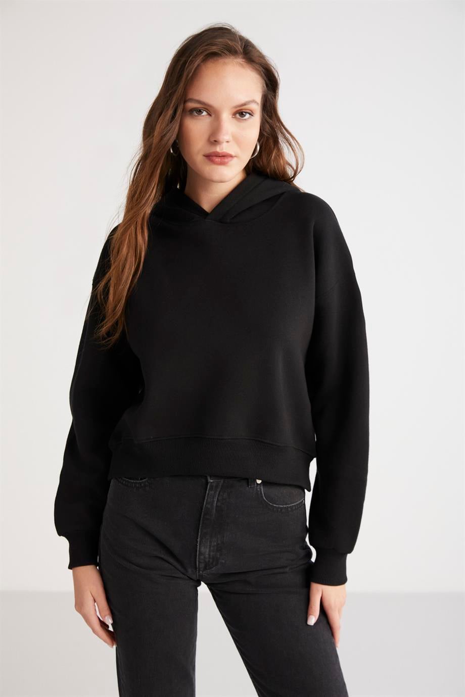 AYLA Örme Loose Siyah Tekli Sweatshirt