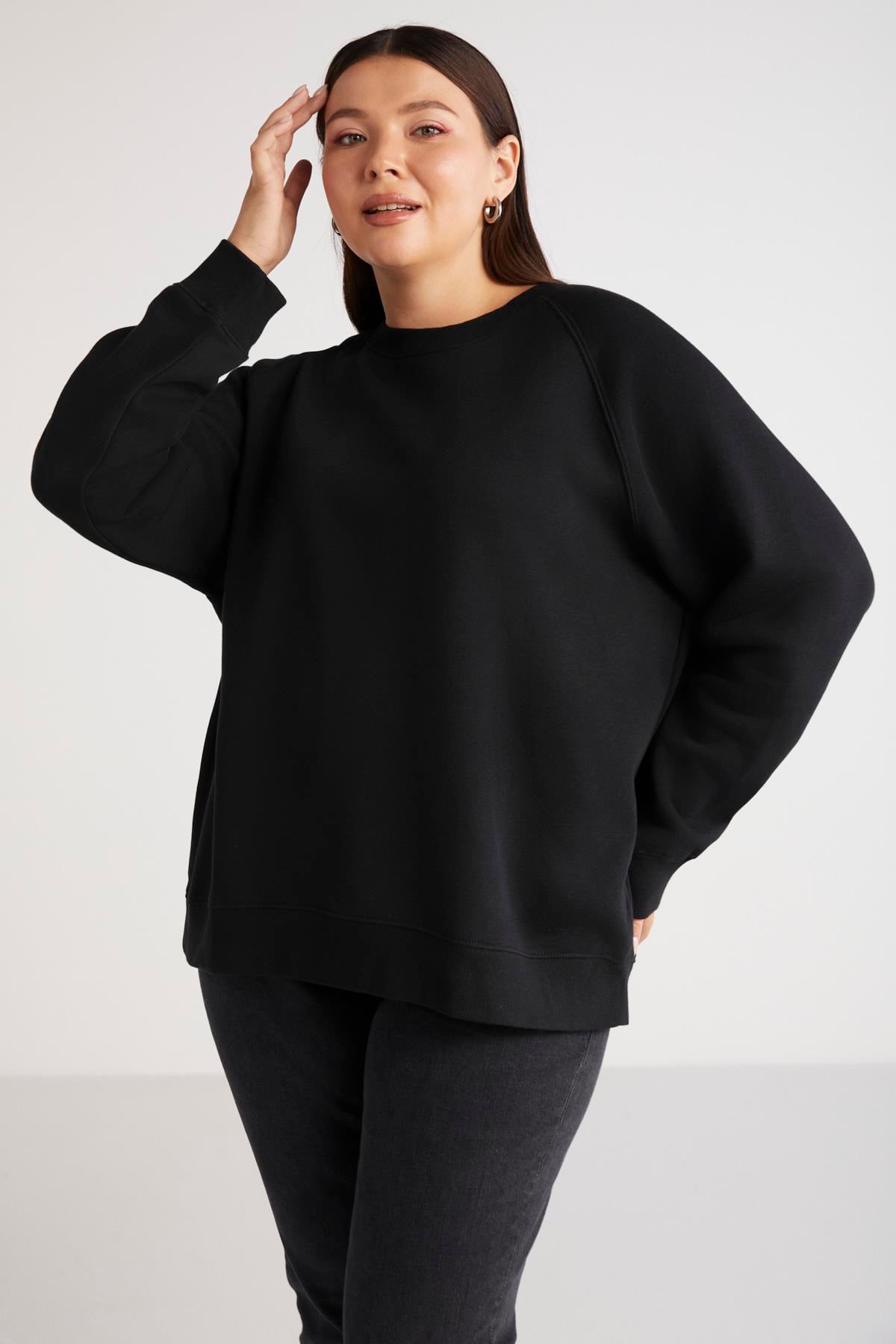 BARBORABB Örme Loose Siyah Tekli Büyük Beden Sweatshirt