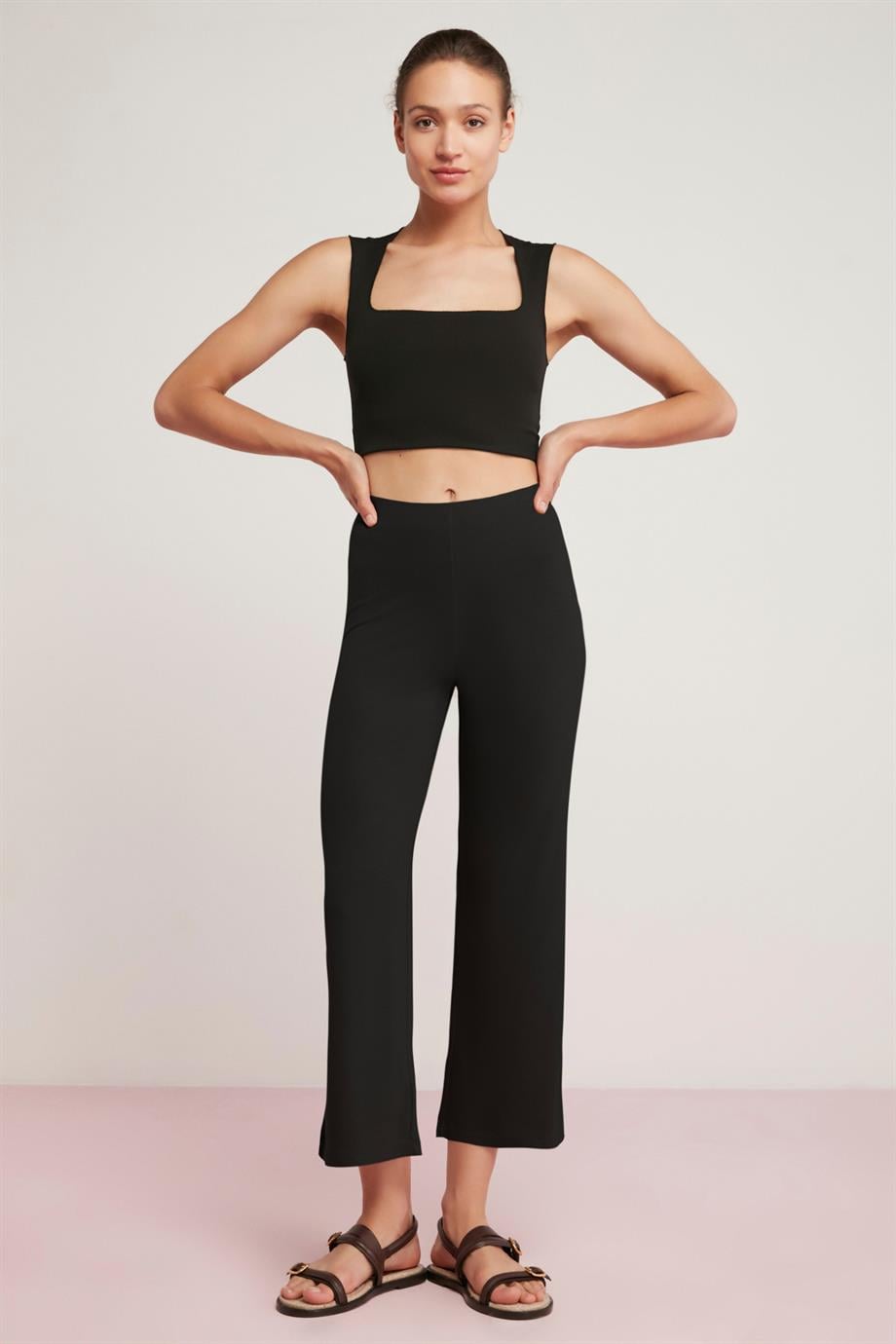 BECKY Örme Relaxed Siyah Tekli Pantolon