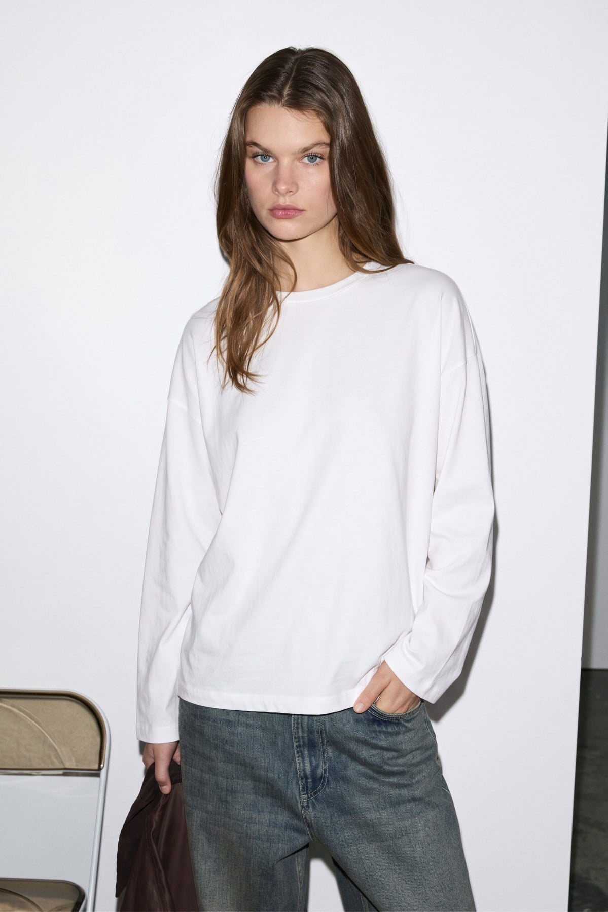 BLESA Kadın Organik Pamuklu Oversize Uzun Kollu Beyaz T-Shirt