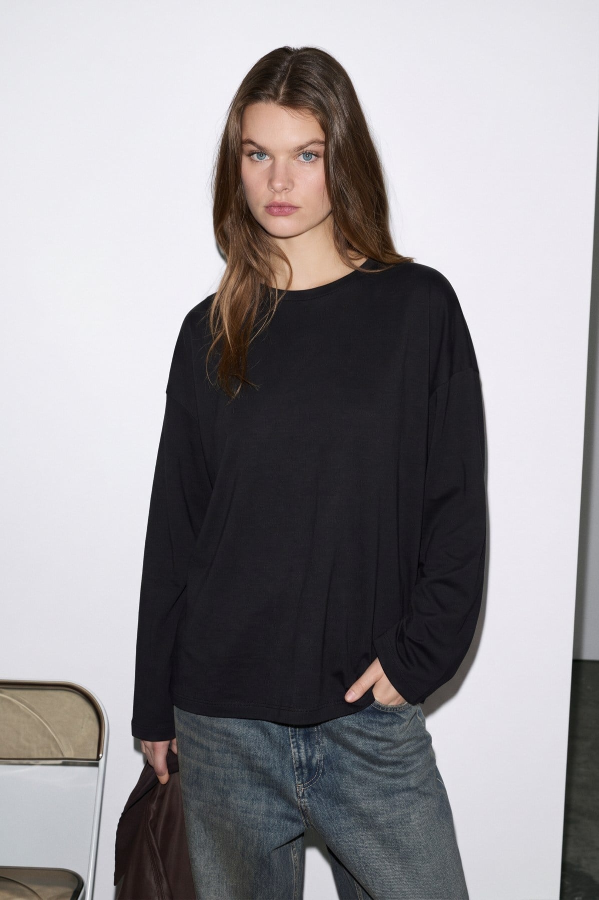 BLESA Kadın Organik Pamuklu Oversize Uzun Kollu Siyah T-Shirt