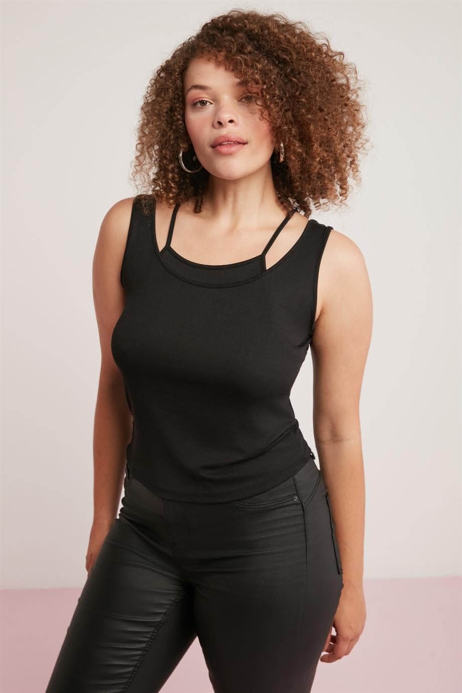 CHRİSTİNA Örme Slim Fit Siyah Tekli Büyük Beden Atlet