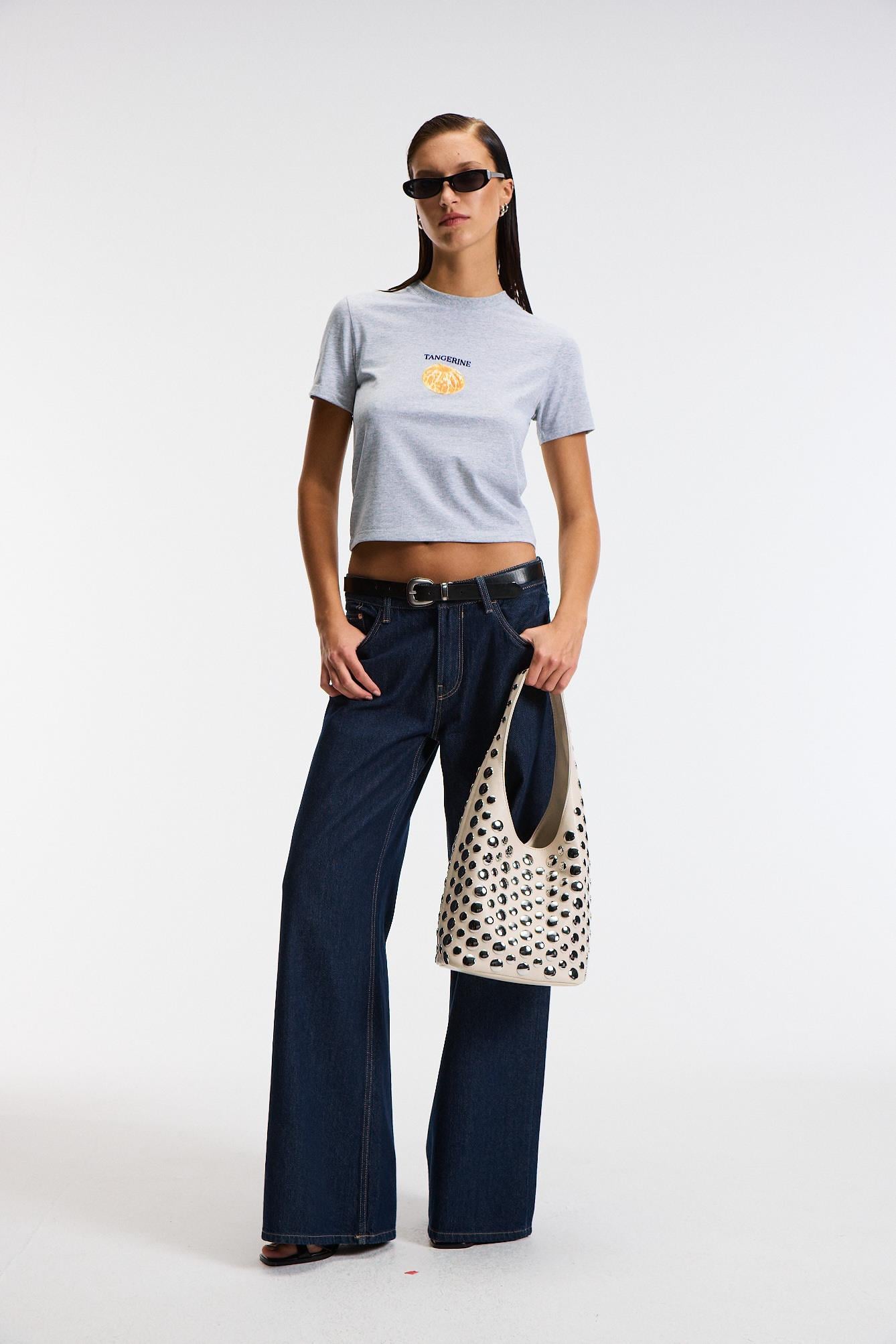 ELVERA Kadın %100 Pamuk Comfort Fit Baskılı Kısa Kollu Yuvarlak Yaka Grimelanj T-Shirt