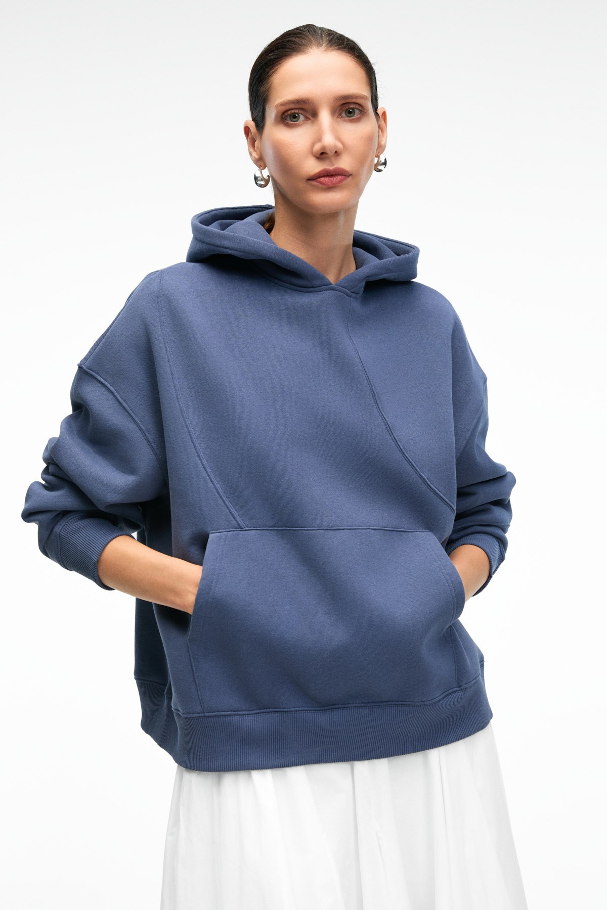 ELYRA Kadın Oversize Dikiş Detaylı Kapüşonlu Lacivert Sweatshirt
