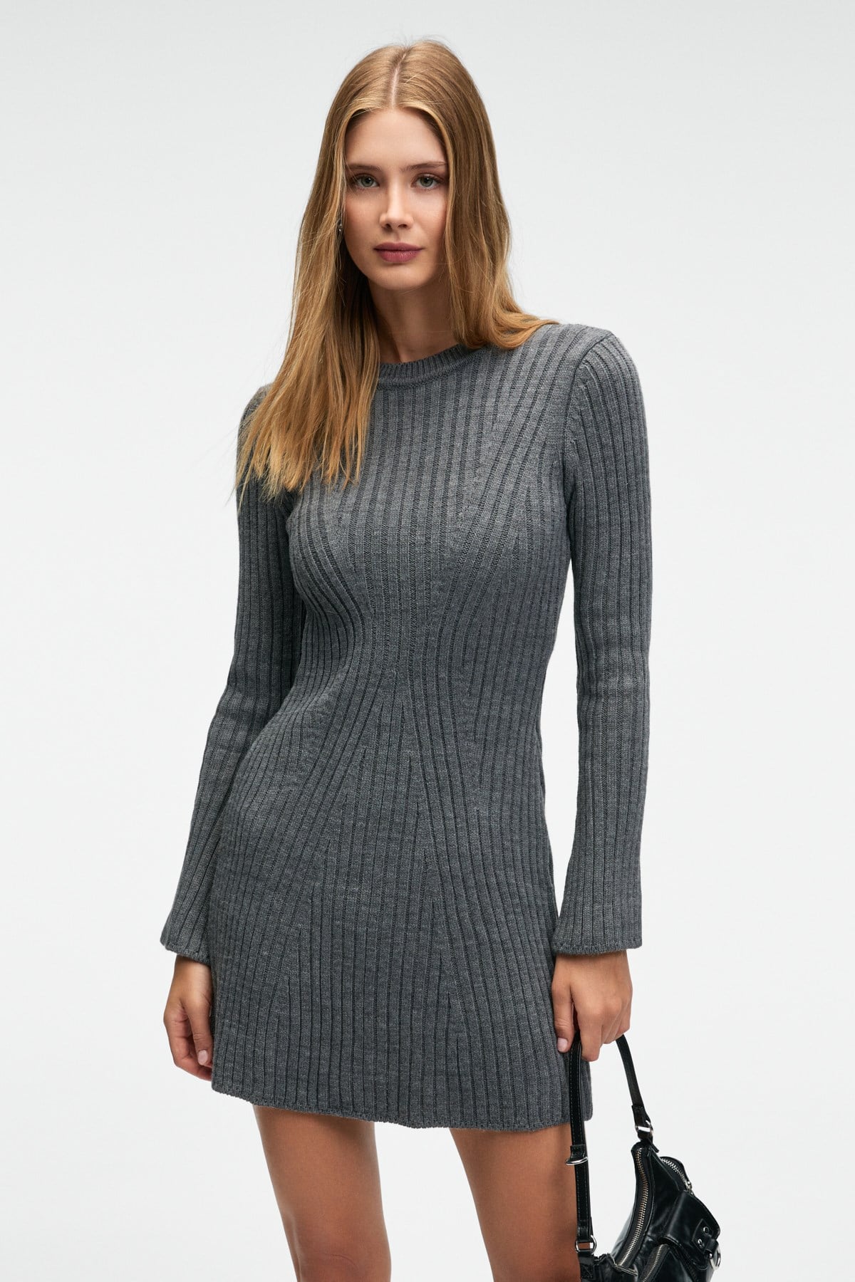 ENCANTO Kadın Yuvarlak Yaka Çizgi Desenli Slim Fit Antrasit Elbise