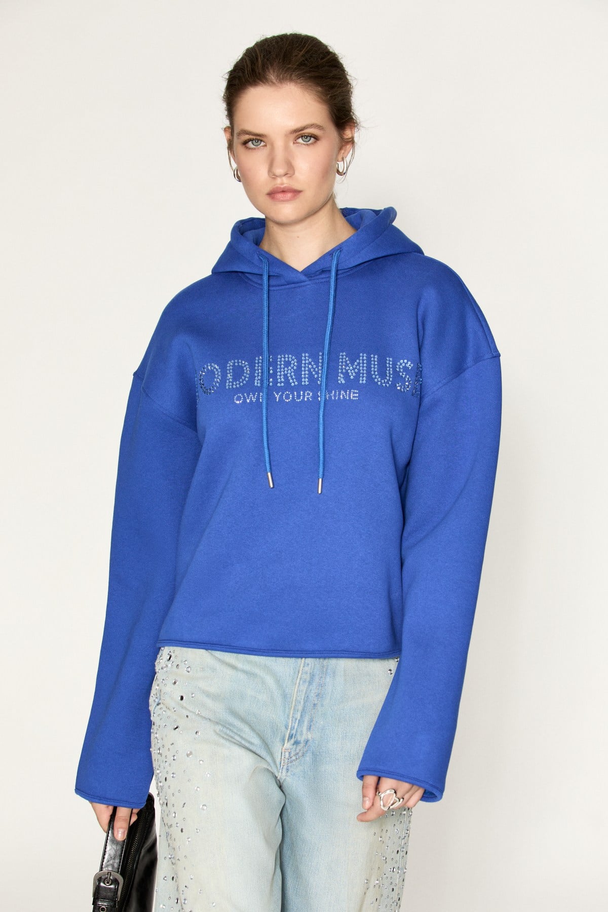 ETROPUS Kadın Organik Pamuklu İçi Polarlı Oversize Mavi Sweatshirt