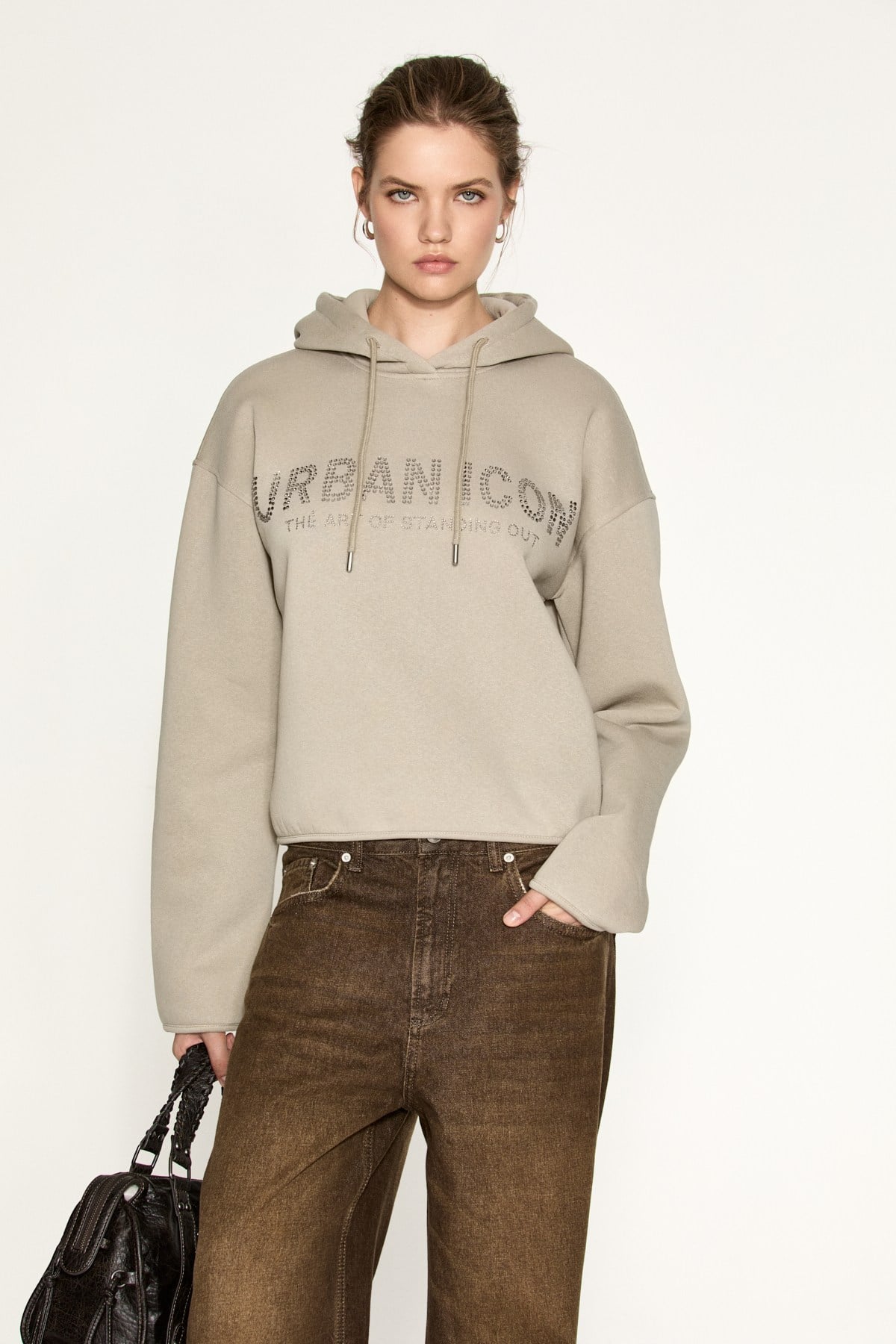 ETROPUS Kadın Organik Pamuklu İçi Polarlı Oversize Vizon Sweatshirt