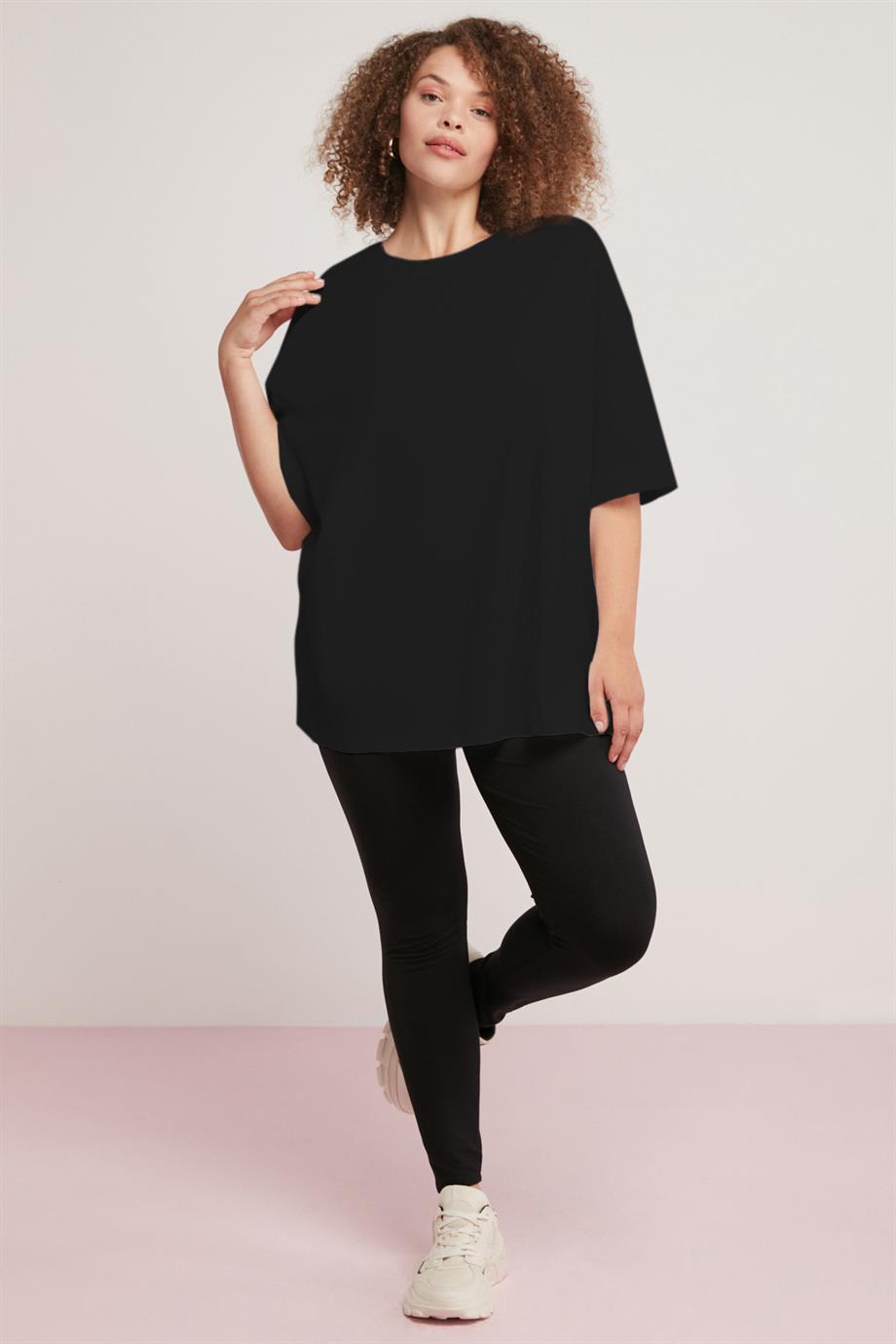 GABRİELLE Örme Slim Siyah Tekli Büyük Beden T-shirt