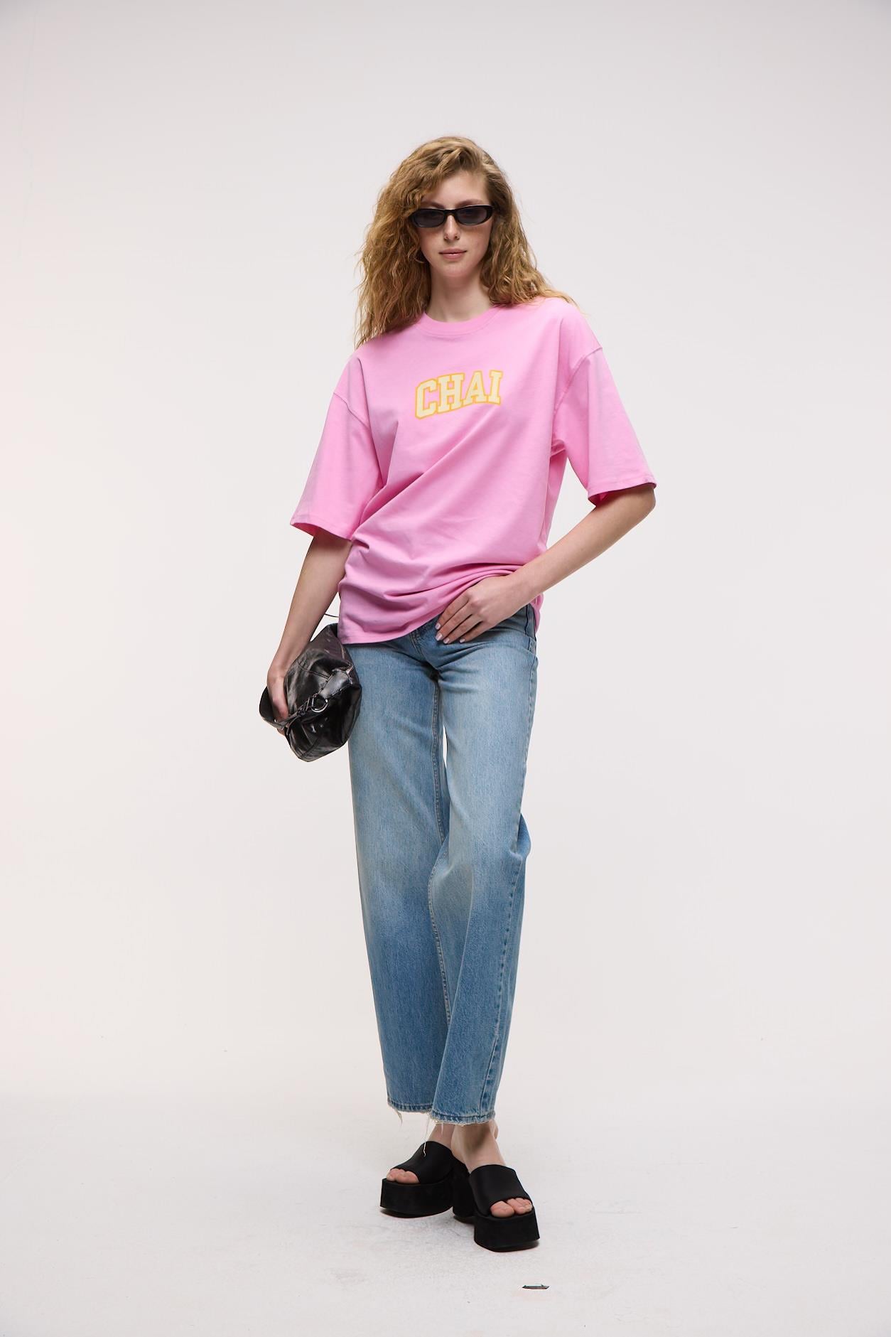 GOJI Kadın %100 Pamuk Baskılı Oversize Fit Bisiklet Yaka Kısa Kollu Pembe T-Shirt