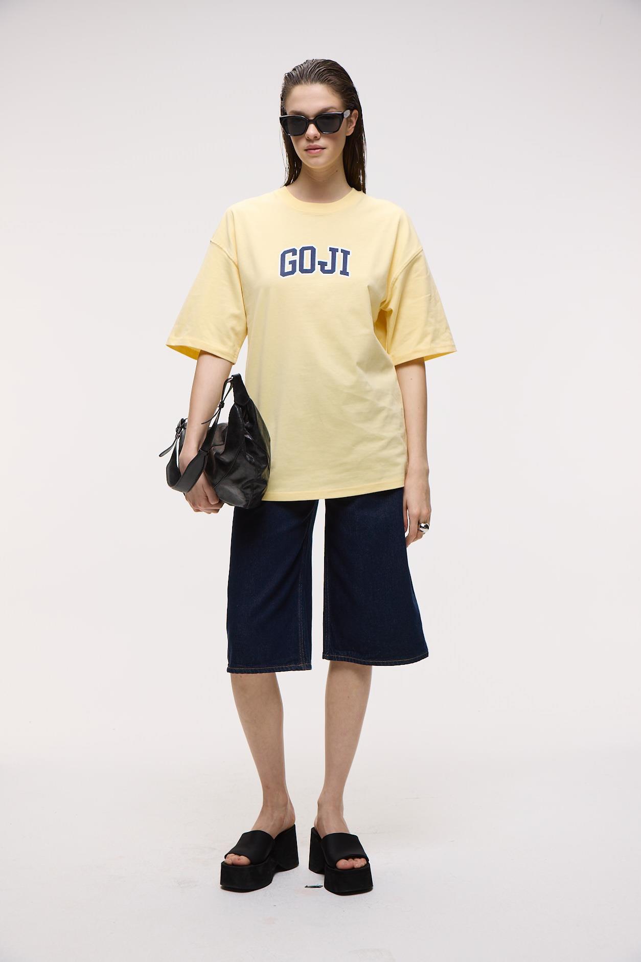 GOJI Kadın %100 Pamuk Baskılı Oversize Fit Bisiklet Yaka Kısa Kollu Sarı T-Shirt