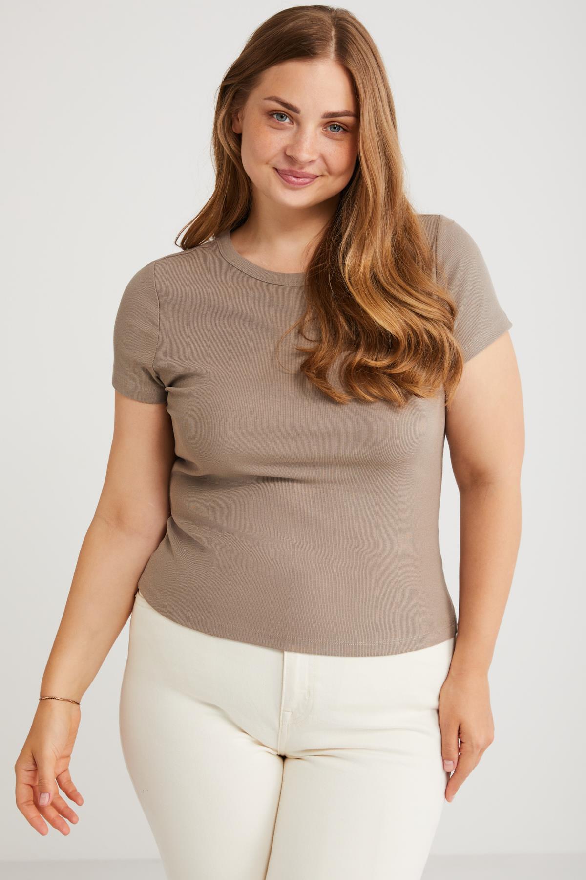 HANNY Kaşkorse Büyük Beden Vizon Tekli Büyük Beden T-shirt