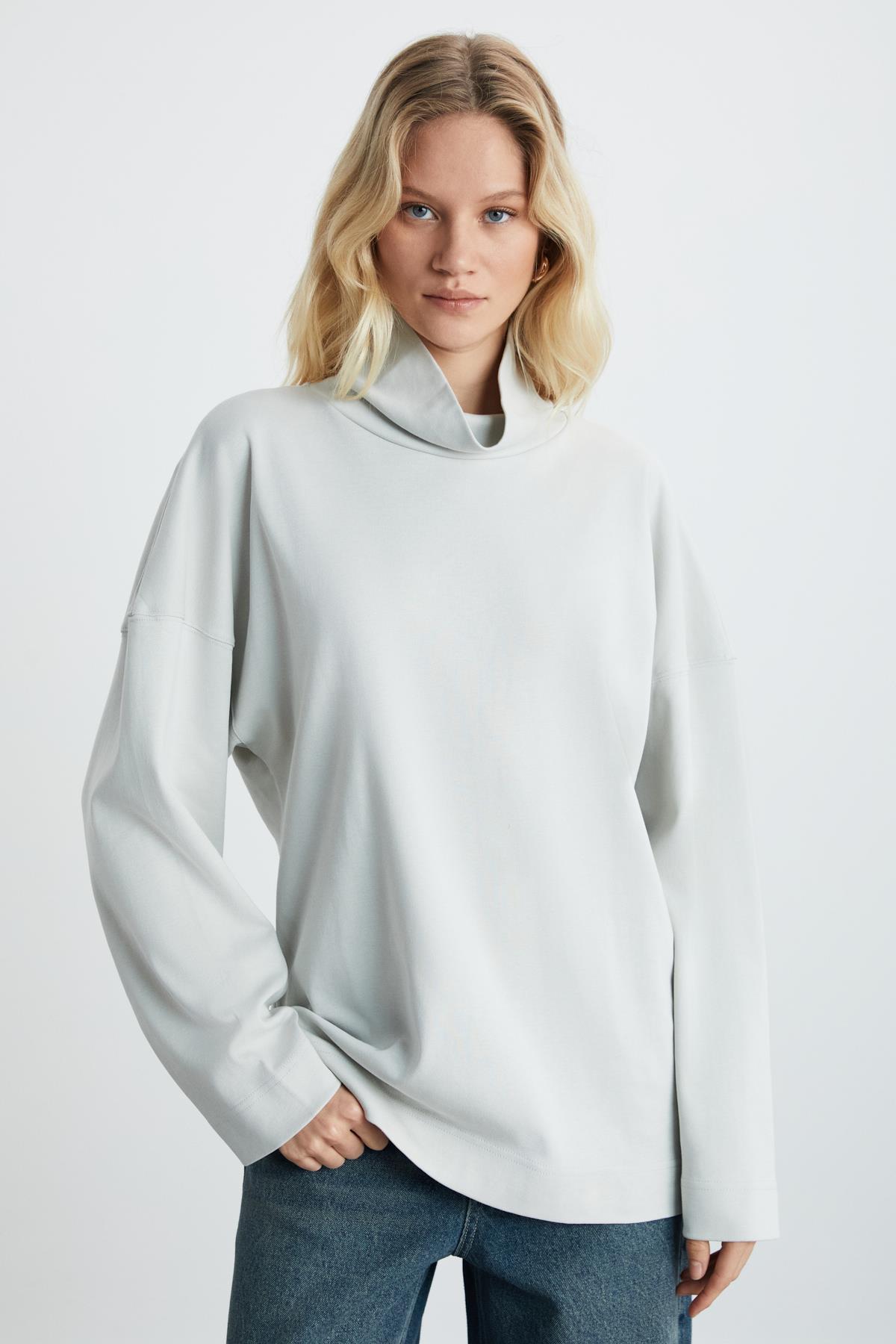 HERMIONE Kadın İnterlok Kumaşlı Hafif Bogazlı Oversize Modest Gri Sweatshirt
