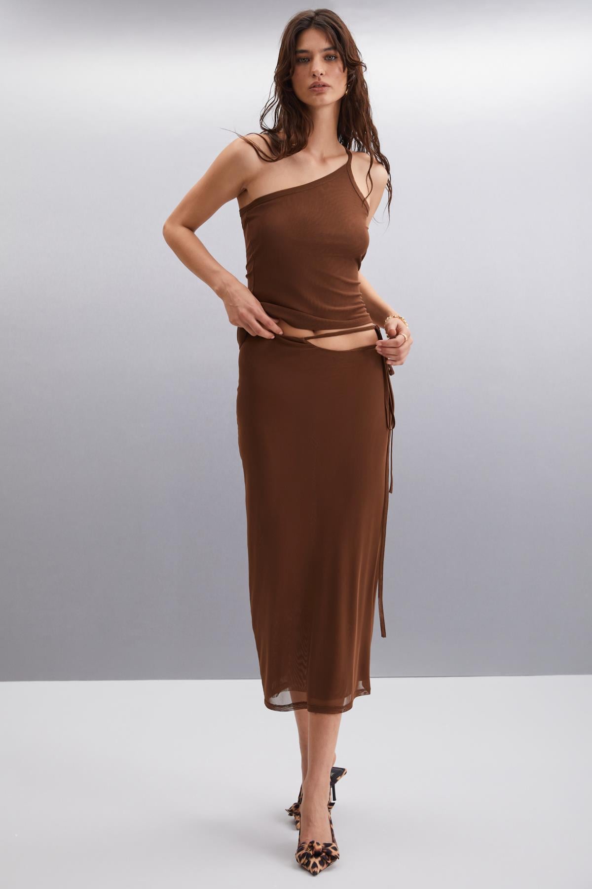 JOSEFINA Kadın Slim Fit Astarlı Kahverengi Etek