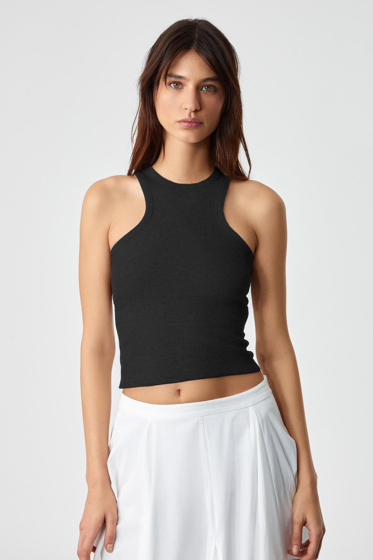 JROKSY Kadın Slim Halter Yaka Kolsuz Siyah Atlet