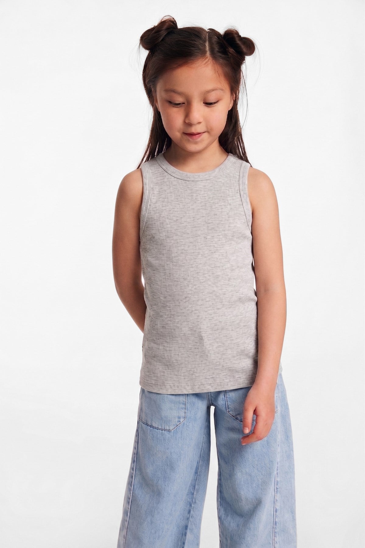 LILLESOL KIDS Organik Pamuklu Fitilli Görünümlü Havuz Yakalı Kız Çocuk Gri Atlet