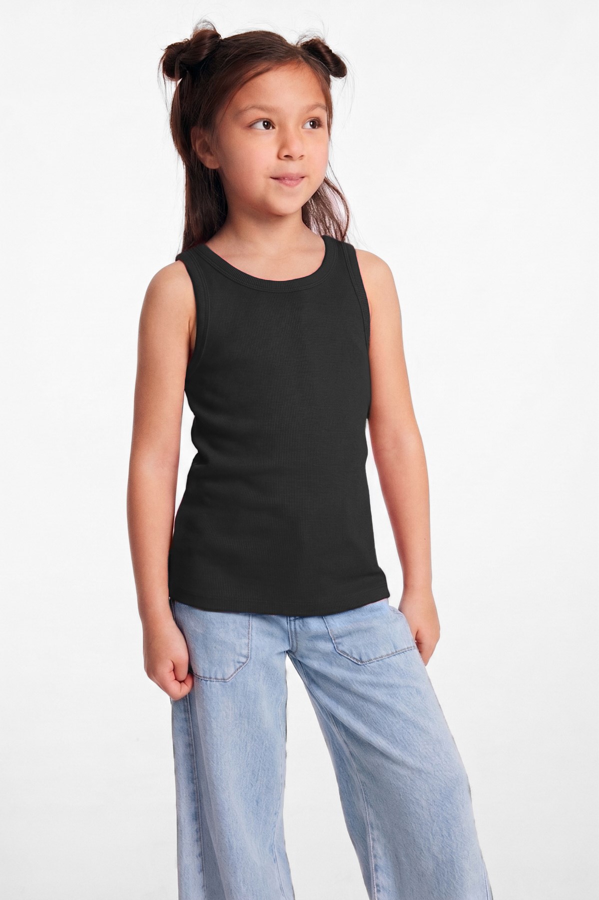 LILLESOL KIDS Organik Pamuklu Fitilli Görünümlü Havuz Yakalı Kız Çocuk Siyah Atlet