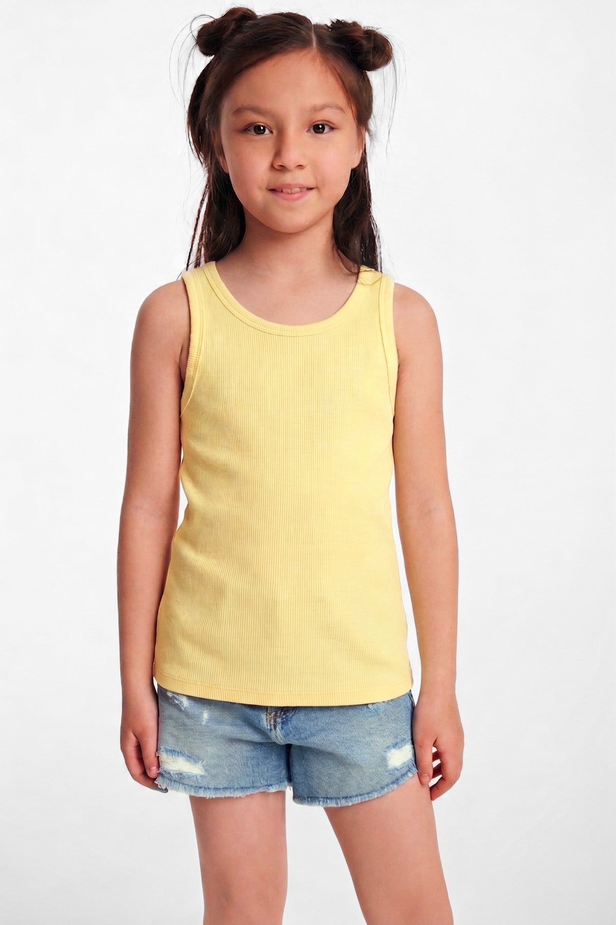 LILLESOL KIDS Organik Pamuklu Fitilli Görünümlü Havuz Yakalı Kız Çocuk Koyu Sarı Atlet