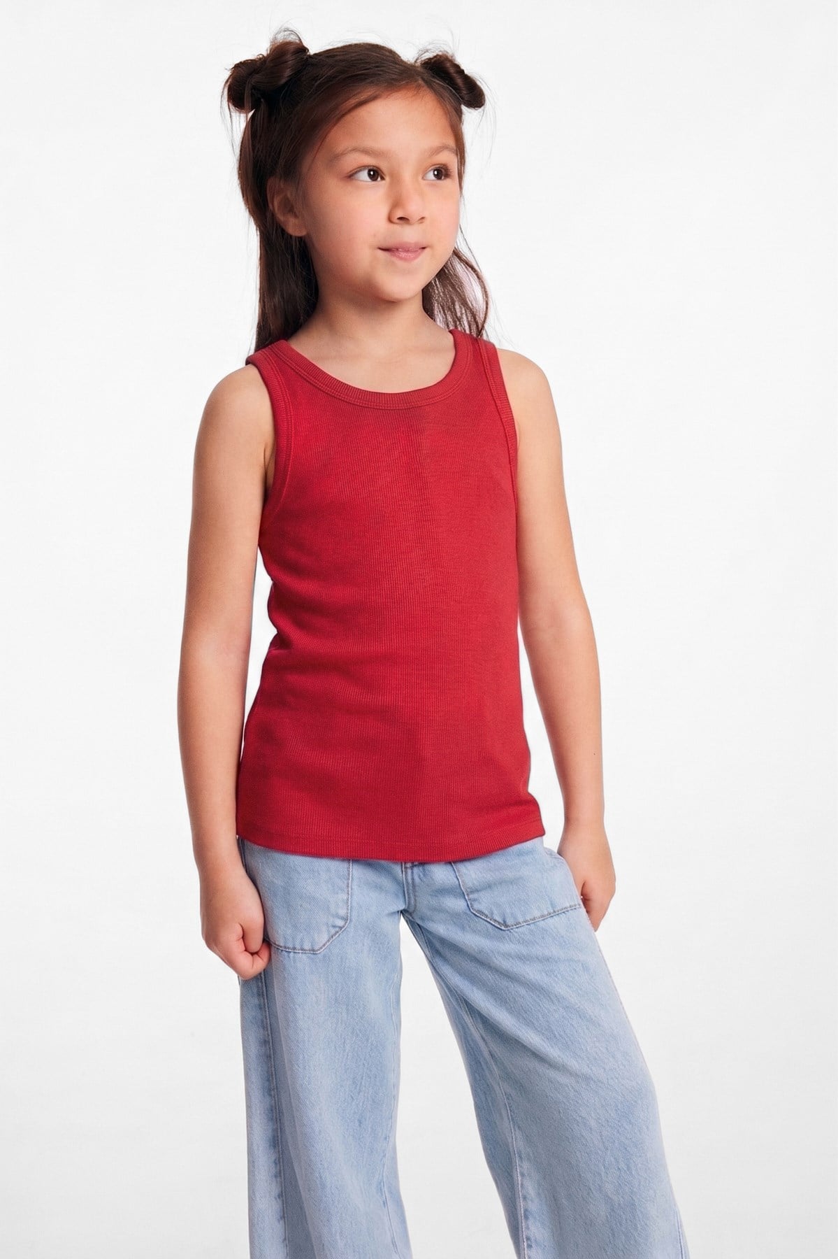 LILLESOL KIDS Organik Pamuklu Fitilli Görünümlü Havuz Yakalı Kız Çocuk Kırmızı Atlet