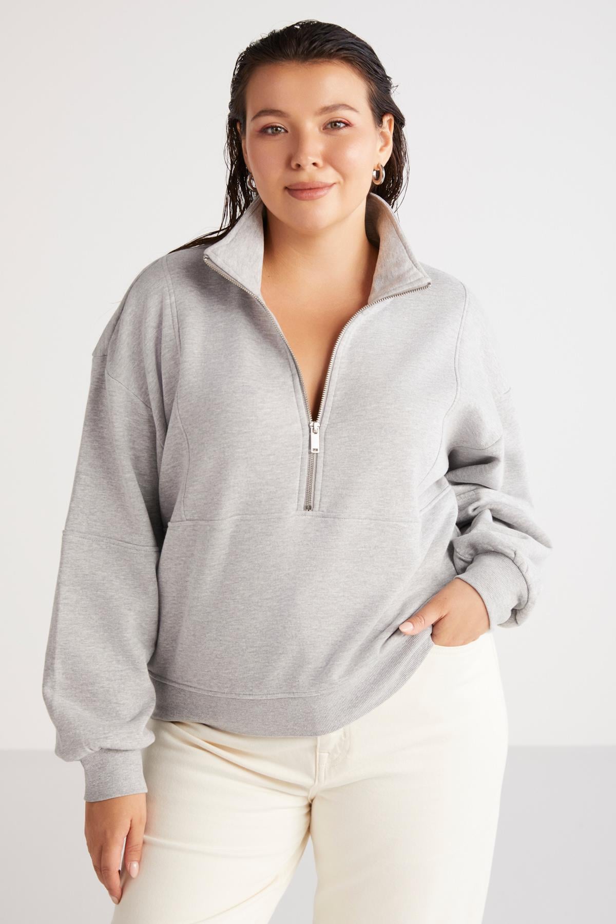 LUCIEBB Örme Loose Grimelanj Tekli Büyük Beden Sweatshirt