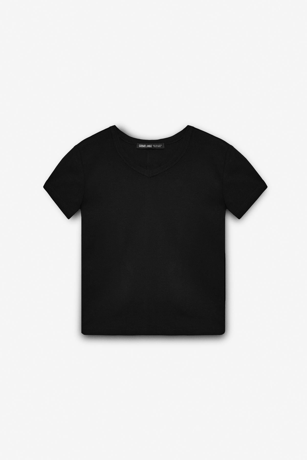 MASROUTI Kadın Slim Kısa V Yaka Kısa Kol Siyah T-Shirt
